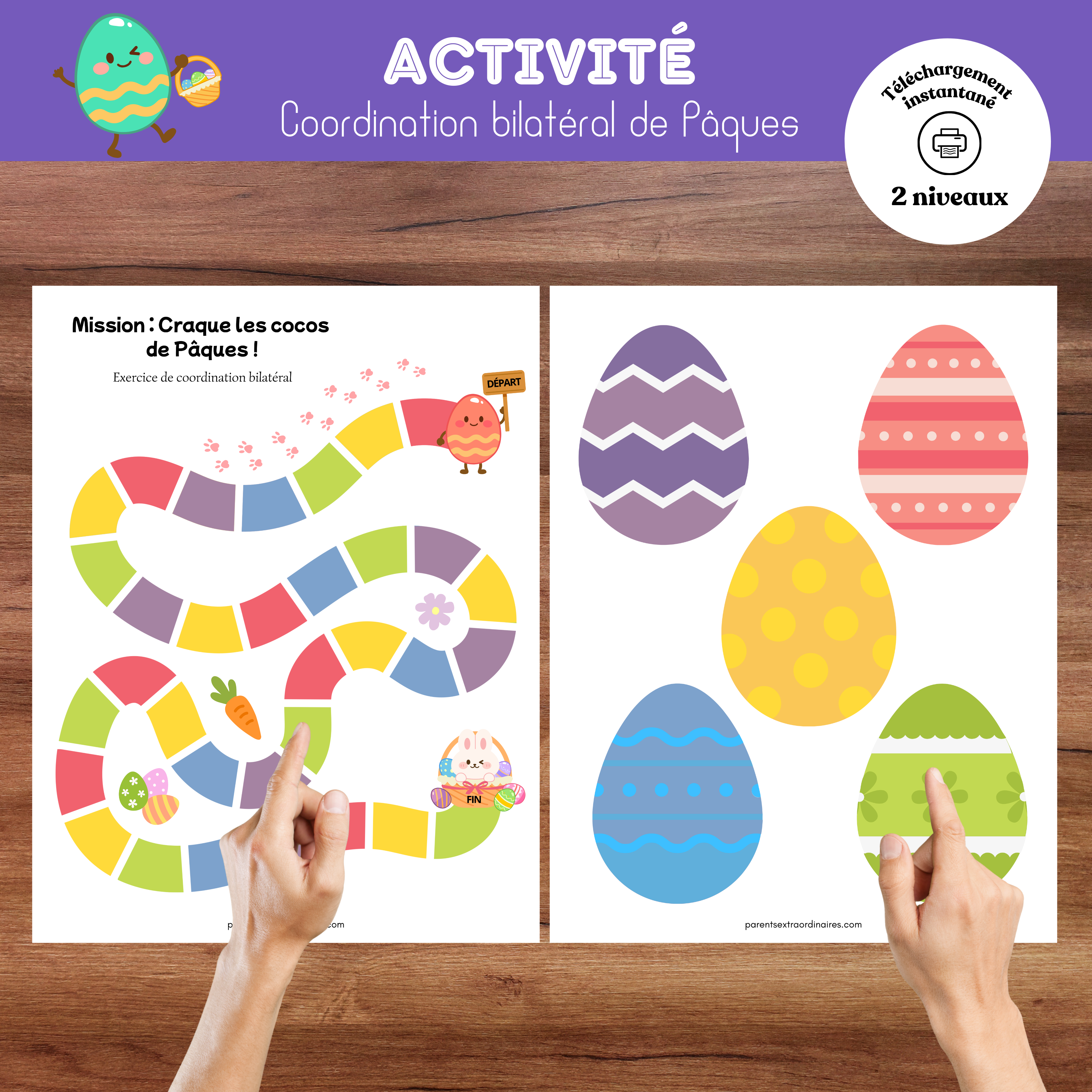 Activité gratuite de coordination bilatérale de Pâques à imprimer pour développer la motricité fine des enfants.
