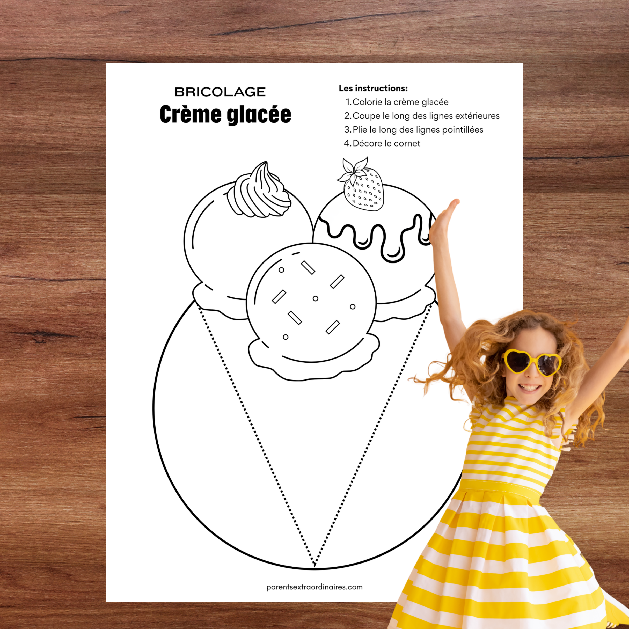 Activité de crème glacée à colorier et à découper pour développer la motricité fine des enfants.
Bricolage d'été imprimable représentant une crème glacée en 3D à réaliser par les enfants.