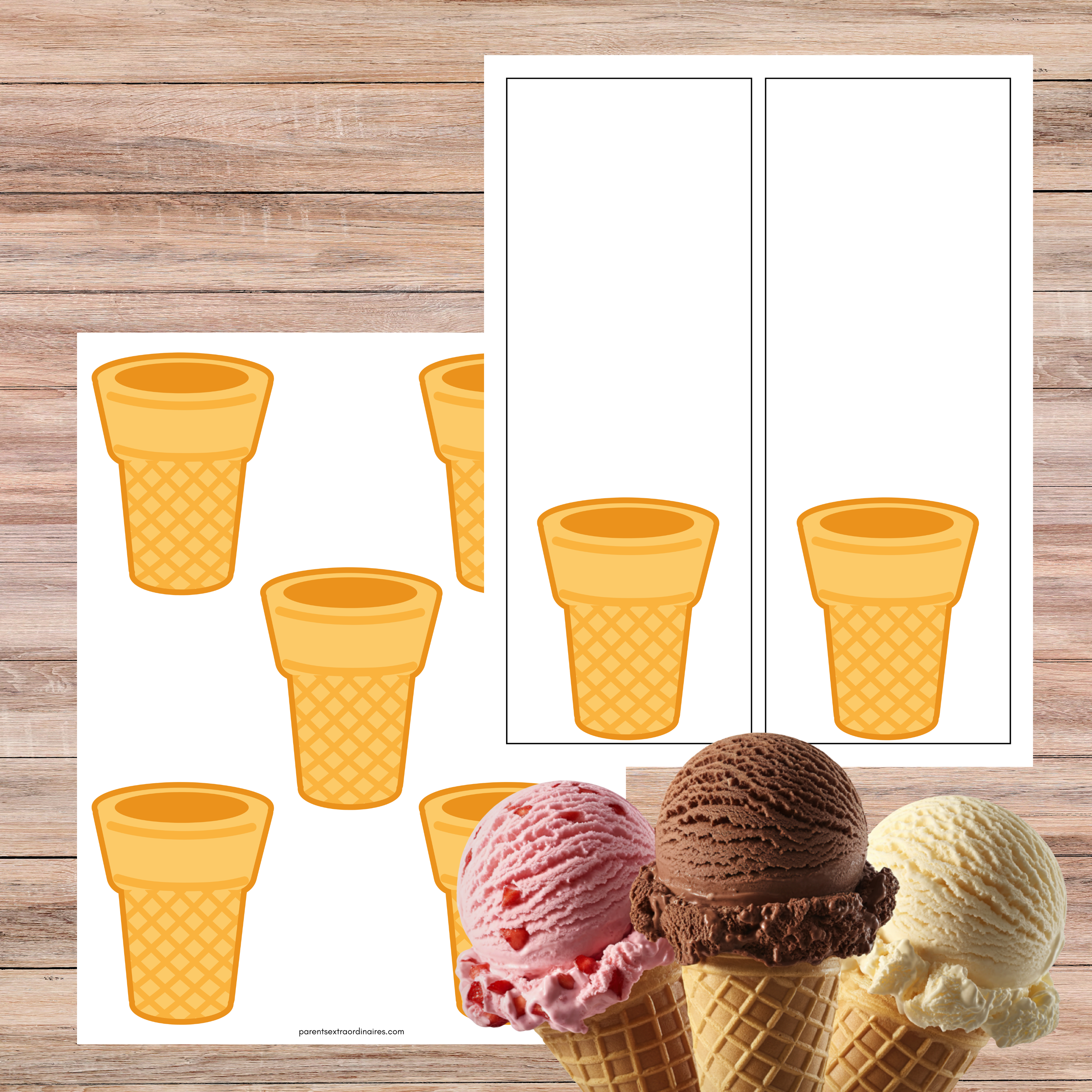 Activité crème glacée éducative à imprimer pour enfants de 2 à 5 ans avec séquences de couleurs, lettres de l’alphabet et nombres de 1 à 20.