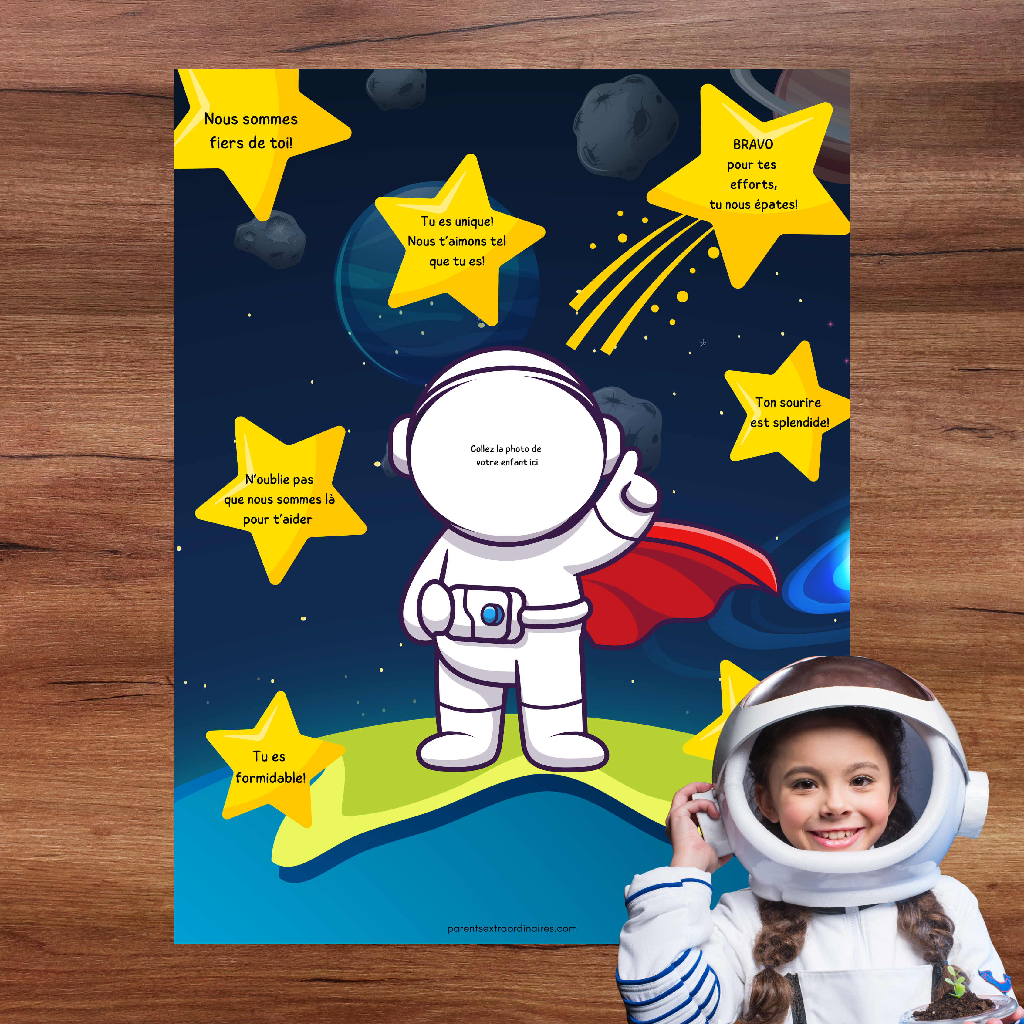 Affiche astronaute personnalisée permettant d'ajouter une photo et les qualités de l'enfant.