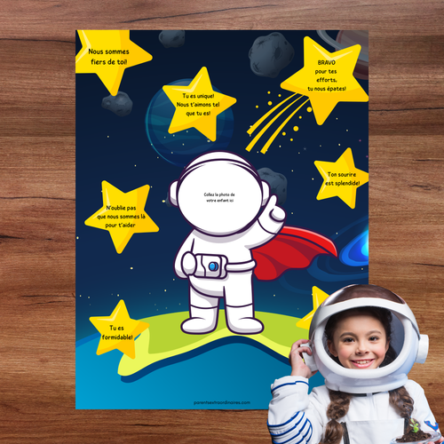 Affiche astronaute personnalisée permettant d'ajouter une photo et les qualités de l'enfant.