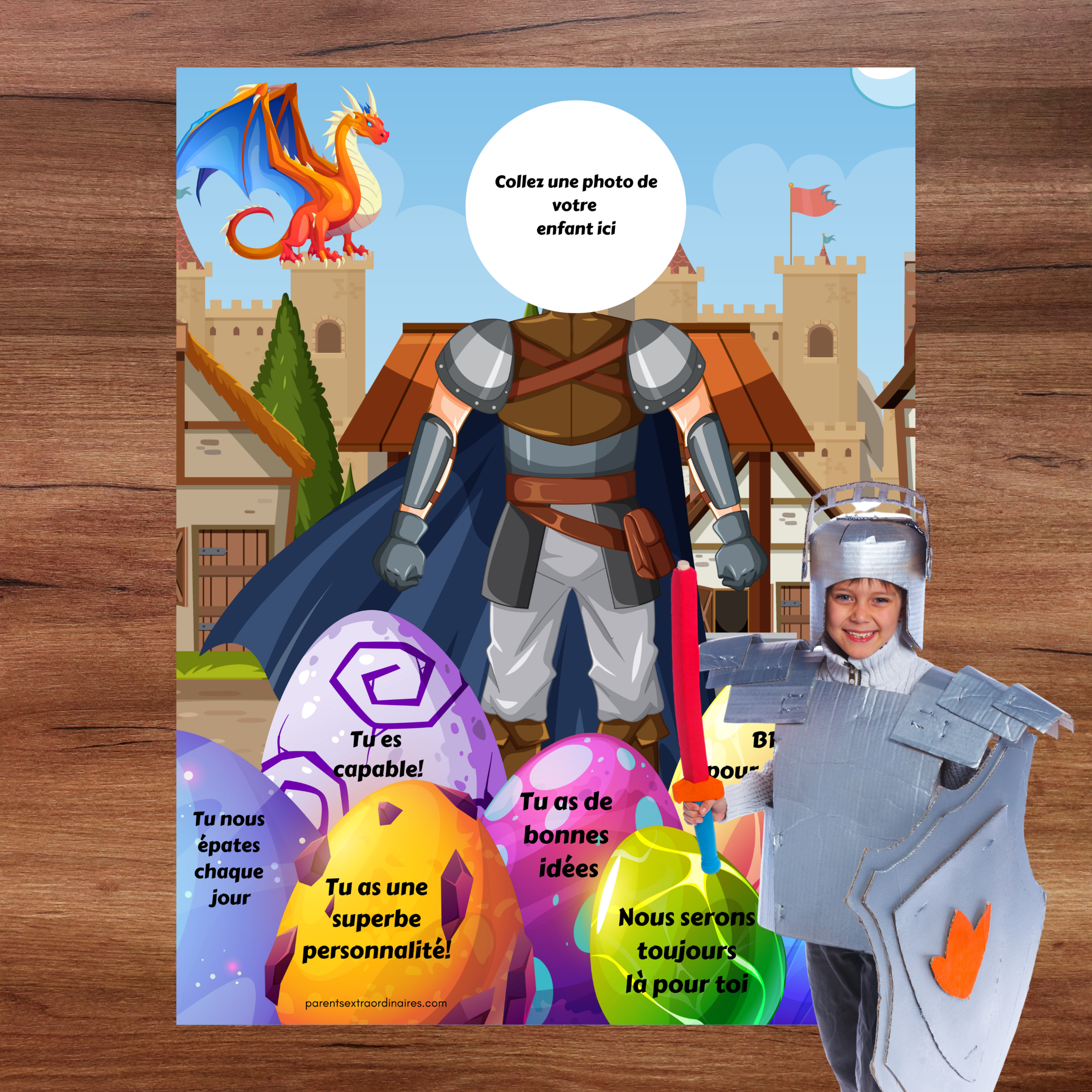Affiche chevalier personnalisée permettant d'ajouter une photo et des qualités de l'enfant.