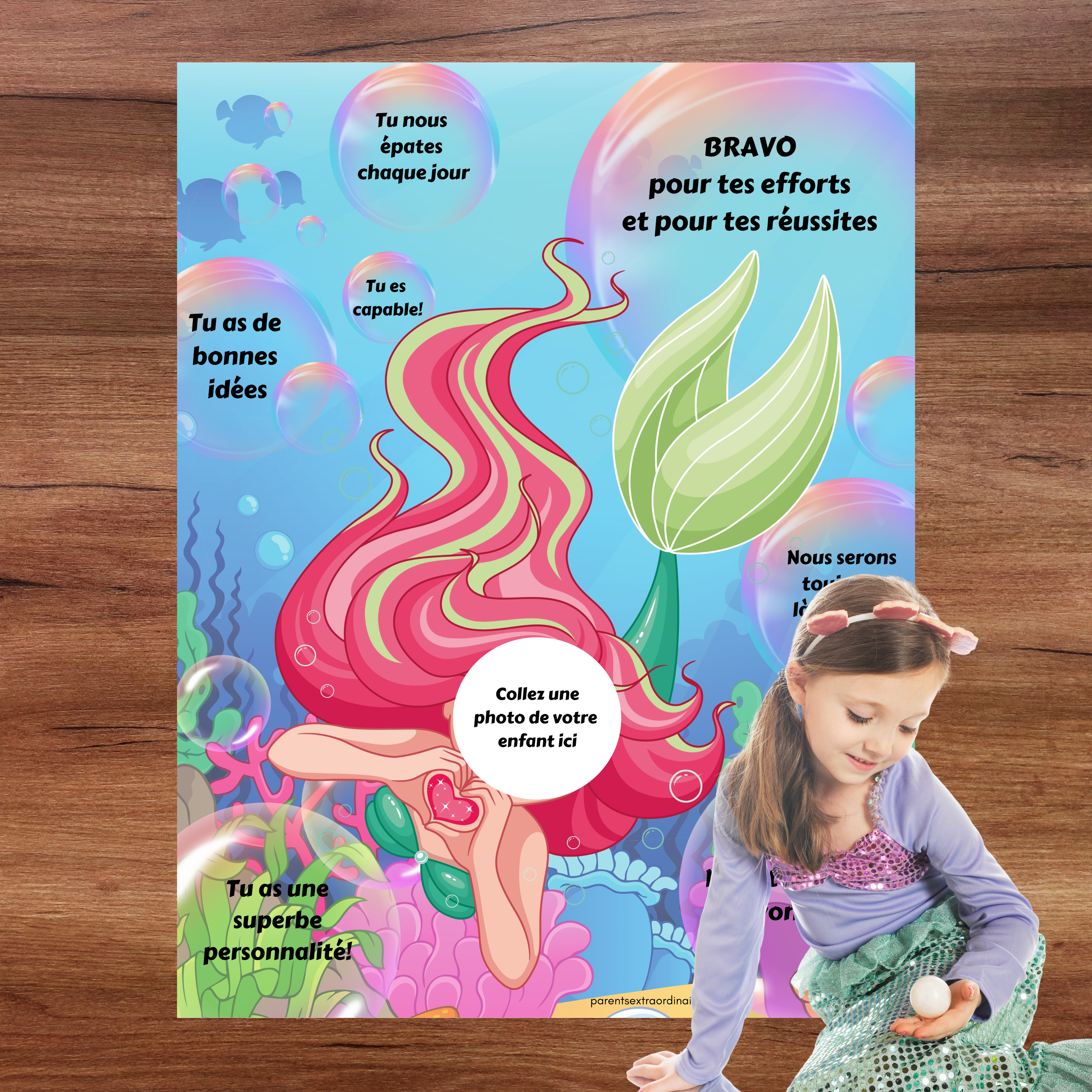 Affiche d'estime de soi thème sirène permettant d'ajouter une photo de l'enfant et ses qualités.