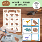 Activité fossiles de dinosaures à imprimer où les enfants retrouvent des fossiles cachés et les associent au bon dinosaure.