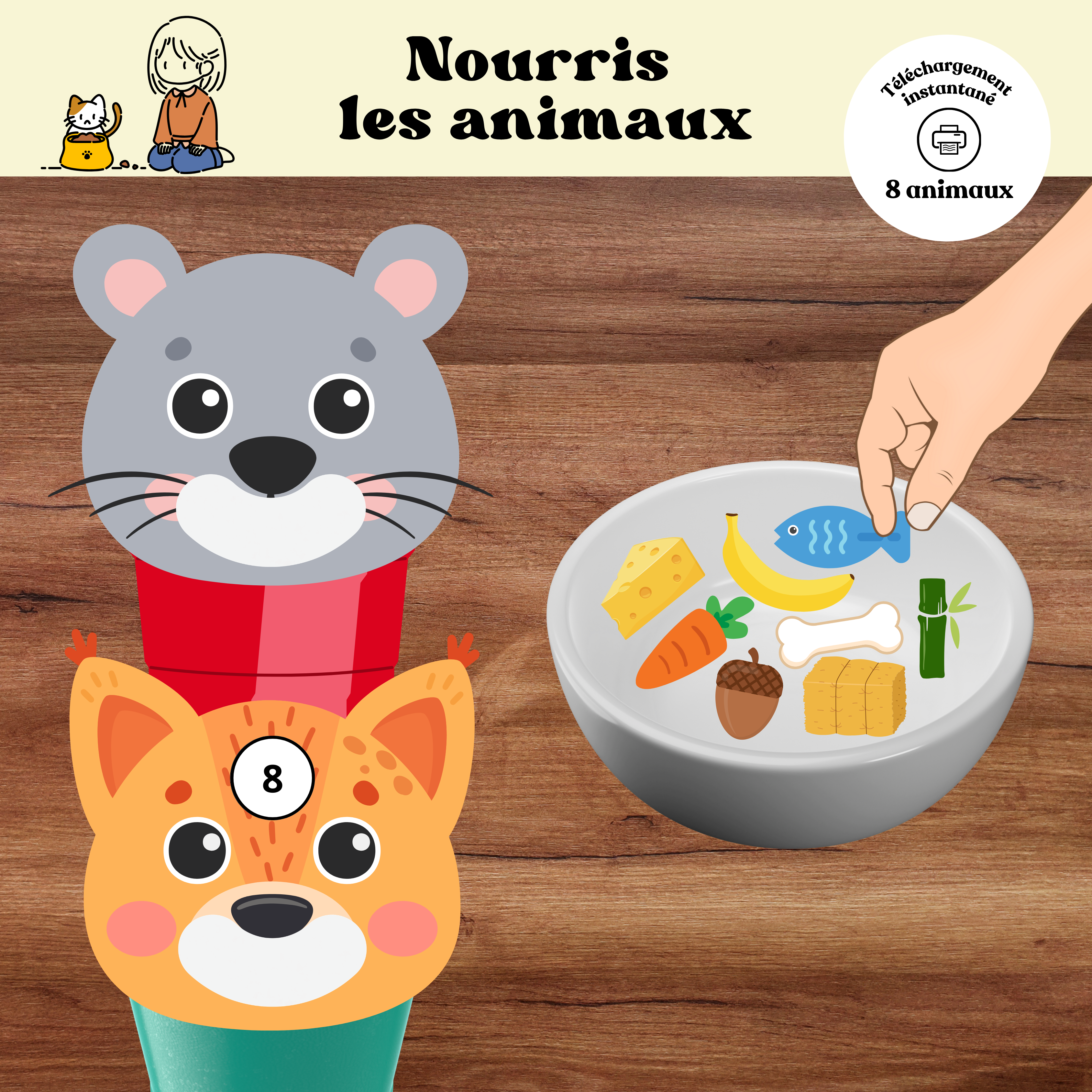 Activité gratuite Nourris les animaux à imprimer où l’enfant associe chaque animal à sa nourriture correspondante pour développer la motricité fine.