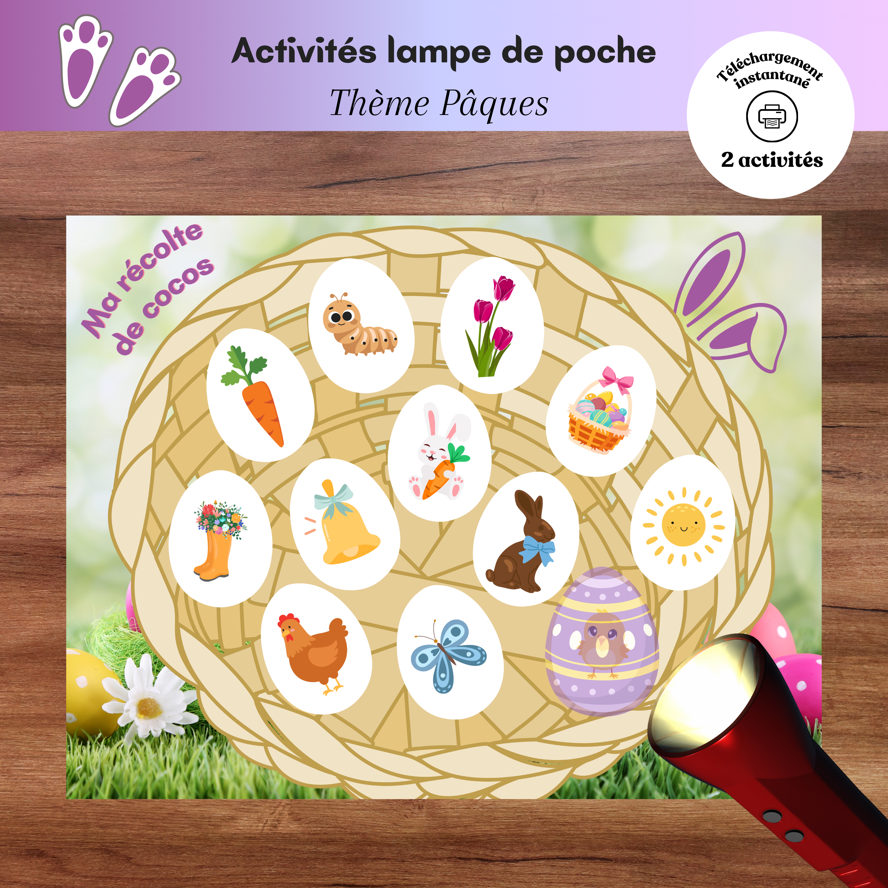 Activité lampe de poche de Pâques à imprimer où l’enfant découvre des images cachées dans des œufs et les classe dans le bon panier.