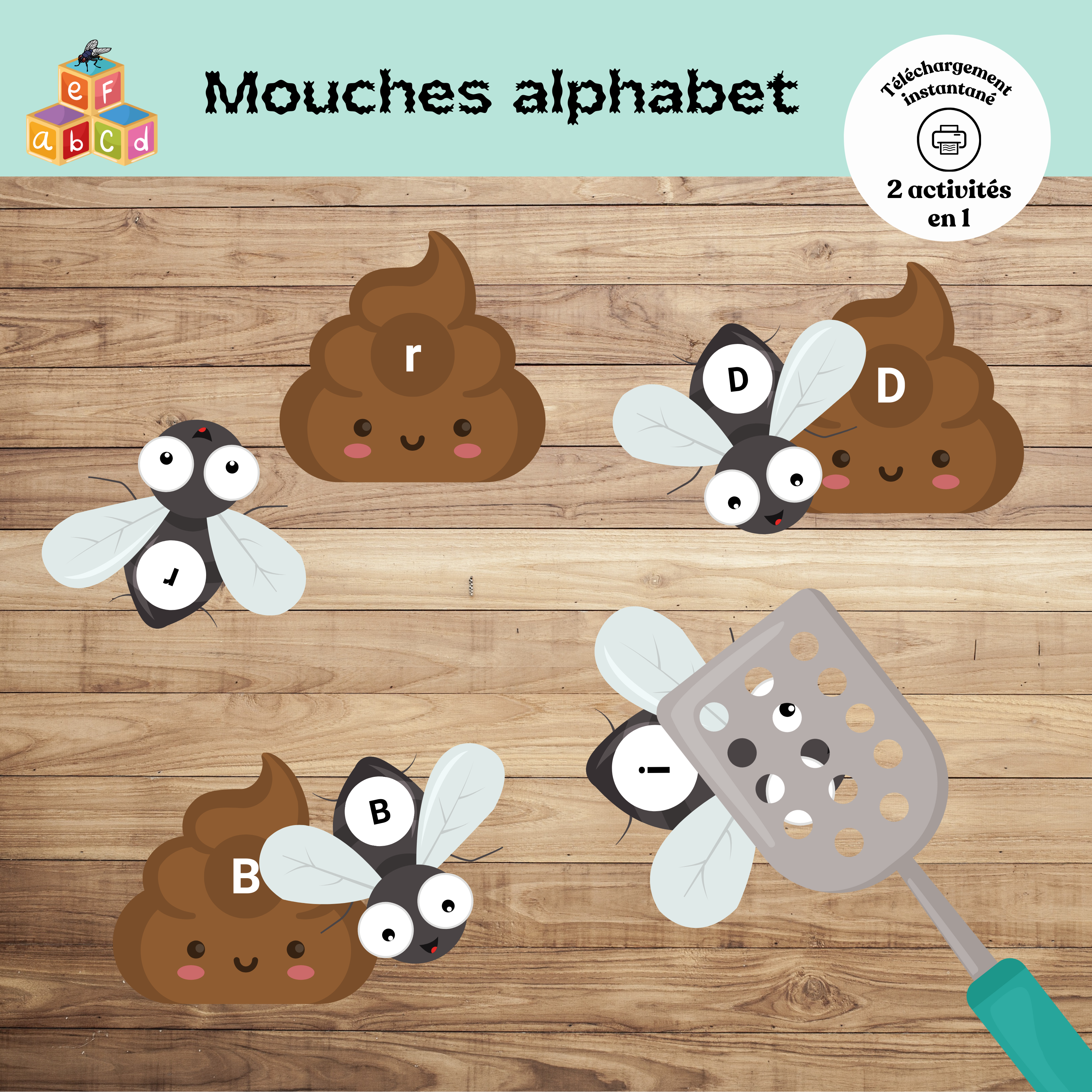 Activité éducative imprimable sur le thème de la mouche alphabet permettant aux enfants d’âge préscolaire d’apprendre et de reconnaître les lettres de l’alphabet à travers un jeu actif favorisant le mouvement, la motricité et les premiers apprentissages en lecture.