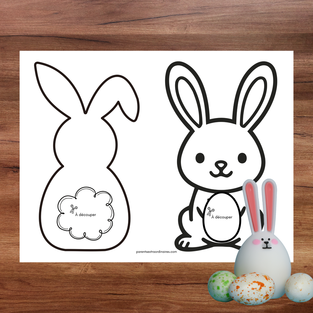 Activité de reproduction de modèle où l’enfant place le lapin au bon endroit pour recréer les couleurs de la queue selon la carte modèle.