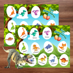 Activité éducative interactive avec des œufs mystères à éclairer pour révéler des dinosaures cachés. Les enfants découpent, assemblent et associent les œufs aux bonnes images tout en apprenant les animaux qui pondent des œufs, en développant leur logique et leurs habiletés d’observation.