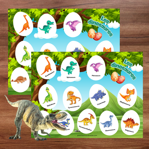 Activité éducative interactive avec des œufs mystères à éclairer pour révéler des dinosaures cachés. Les enfants découpent, assemblent et associent les œufs aux bonnes images tout en apprenant les animaux qui pondent des œufs, en développant leur logique et leurs habiletés d’observation.