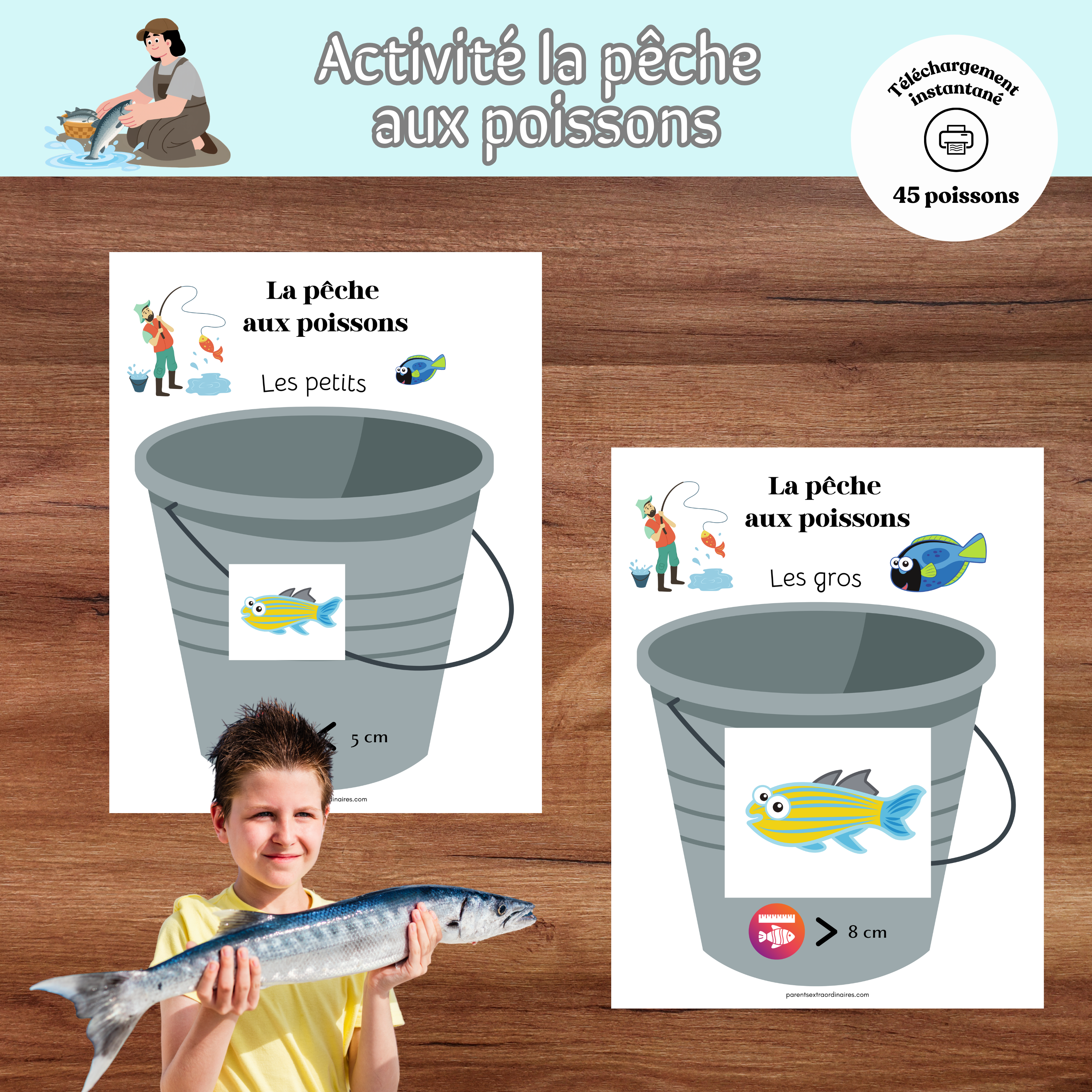 Activité pêche aux poissons à imprimer où l’enfant classe les poissons selon leur grandeur.