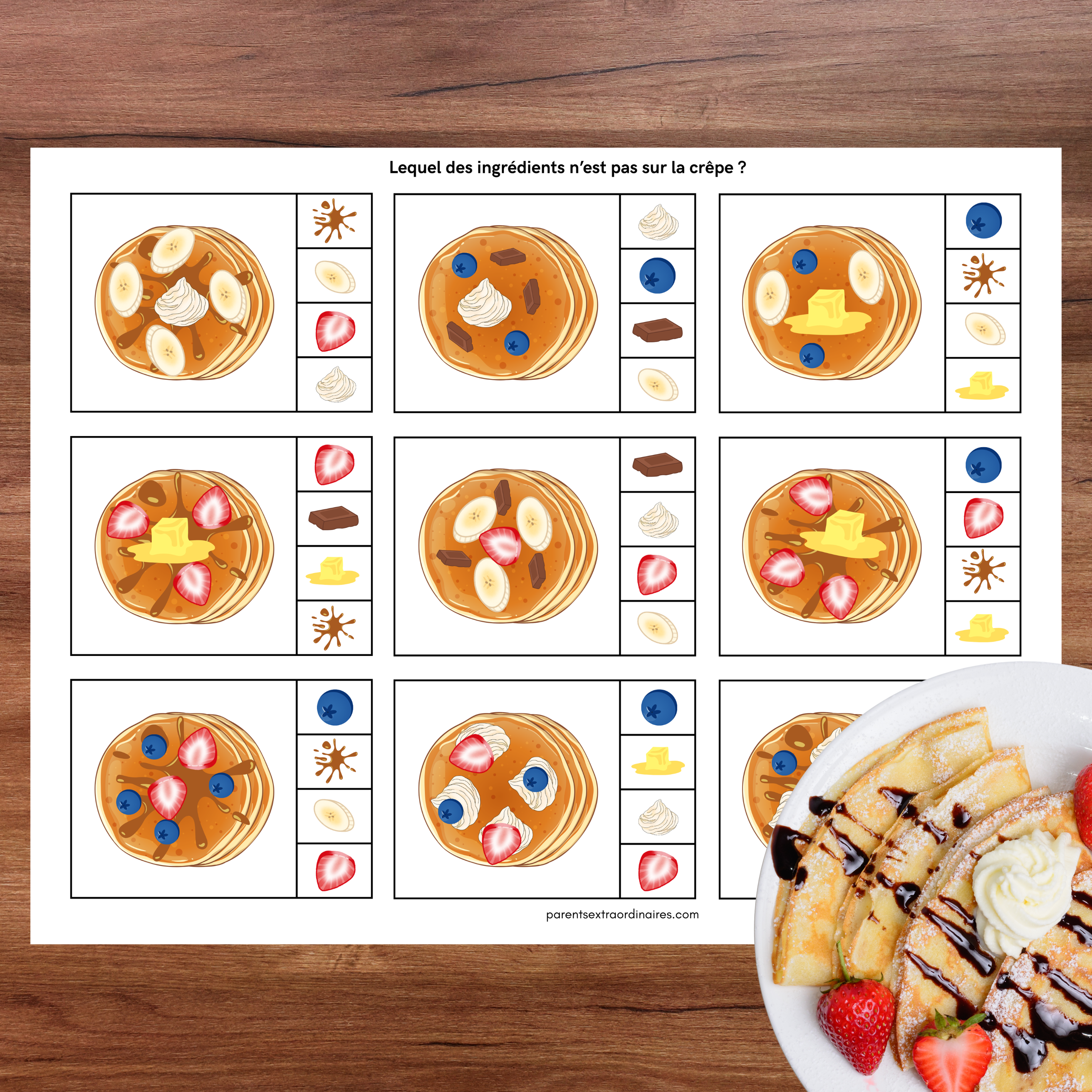 Activité éducative où l'enfant observe les crêpes et pince la bonne réponse.