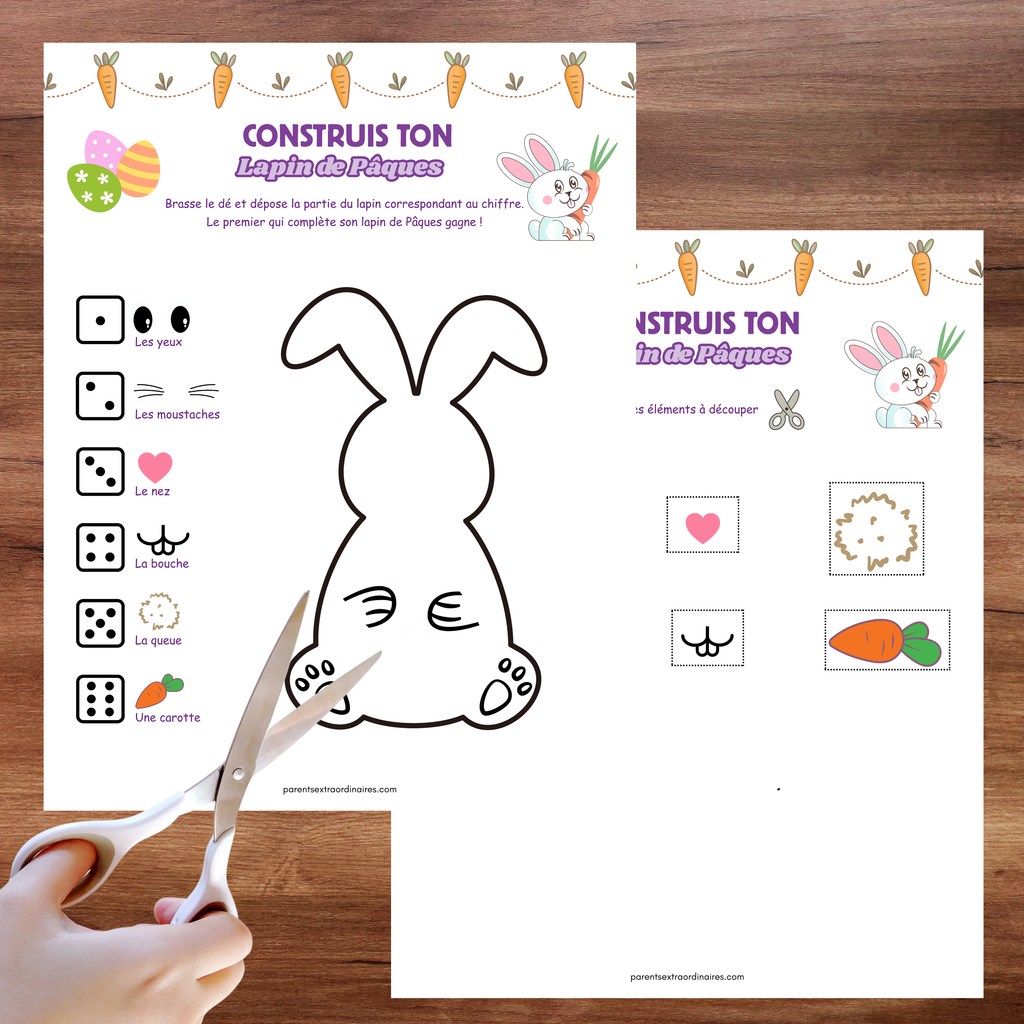 Activité ludique permettant de compléter progressivement un lapin de Pâques à l’aide d’un dé.
Jeu de Pâques où les enfants observent, assemblent et complètent leur lapin en suivant les consignes du jeu.