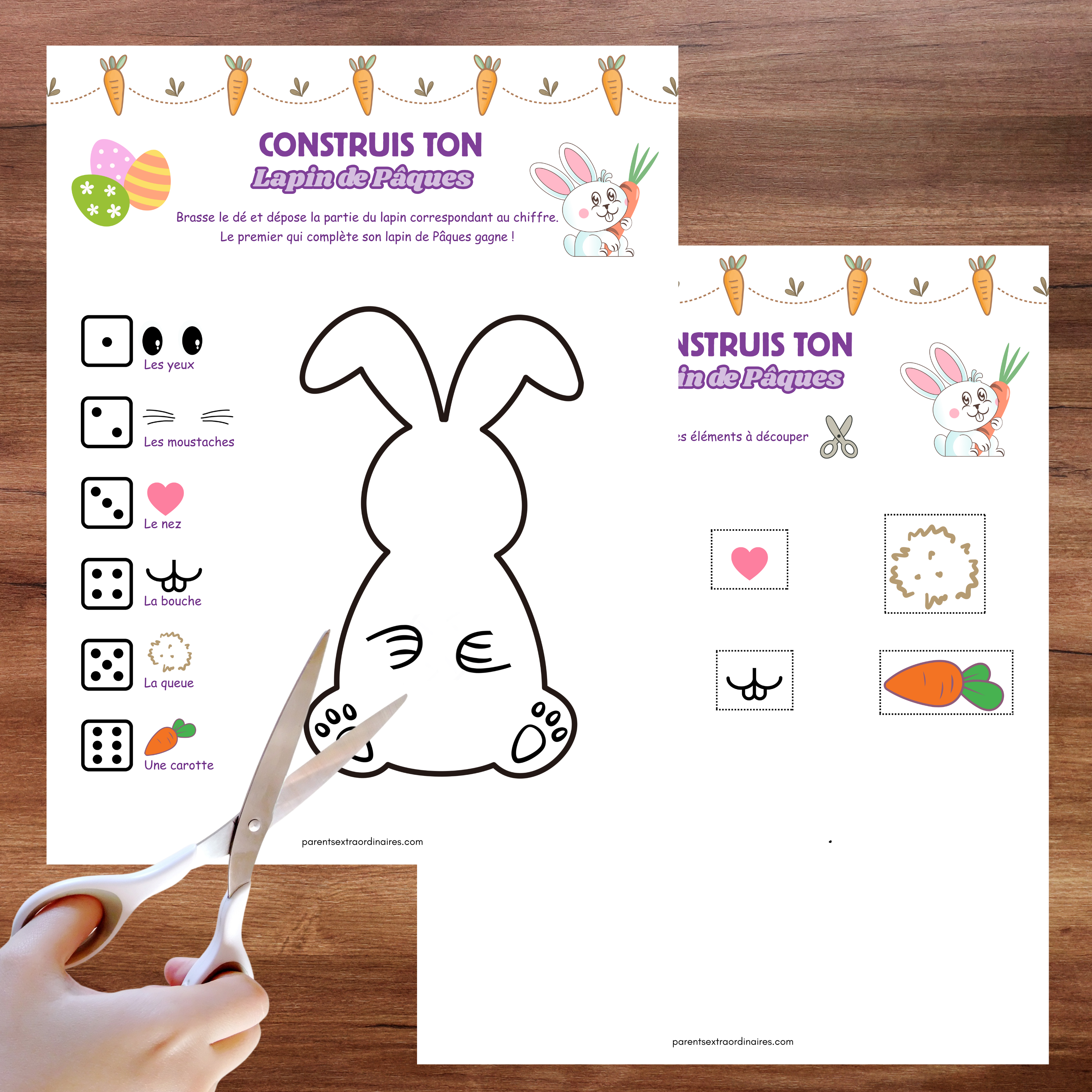 Activité ludique permettant de compléter progressivement un lapin de Pâques à l’aide d’un dé.
Jeu de Pâques où les enfants observent, assemblent et complètent leur lapin en suivant les consignes du jeu.