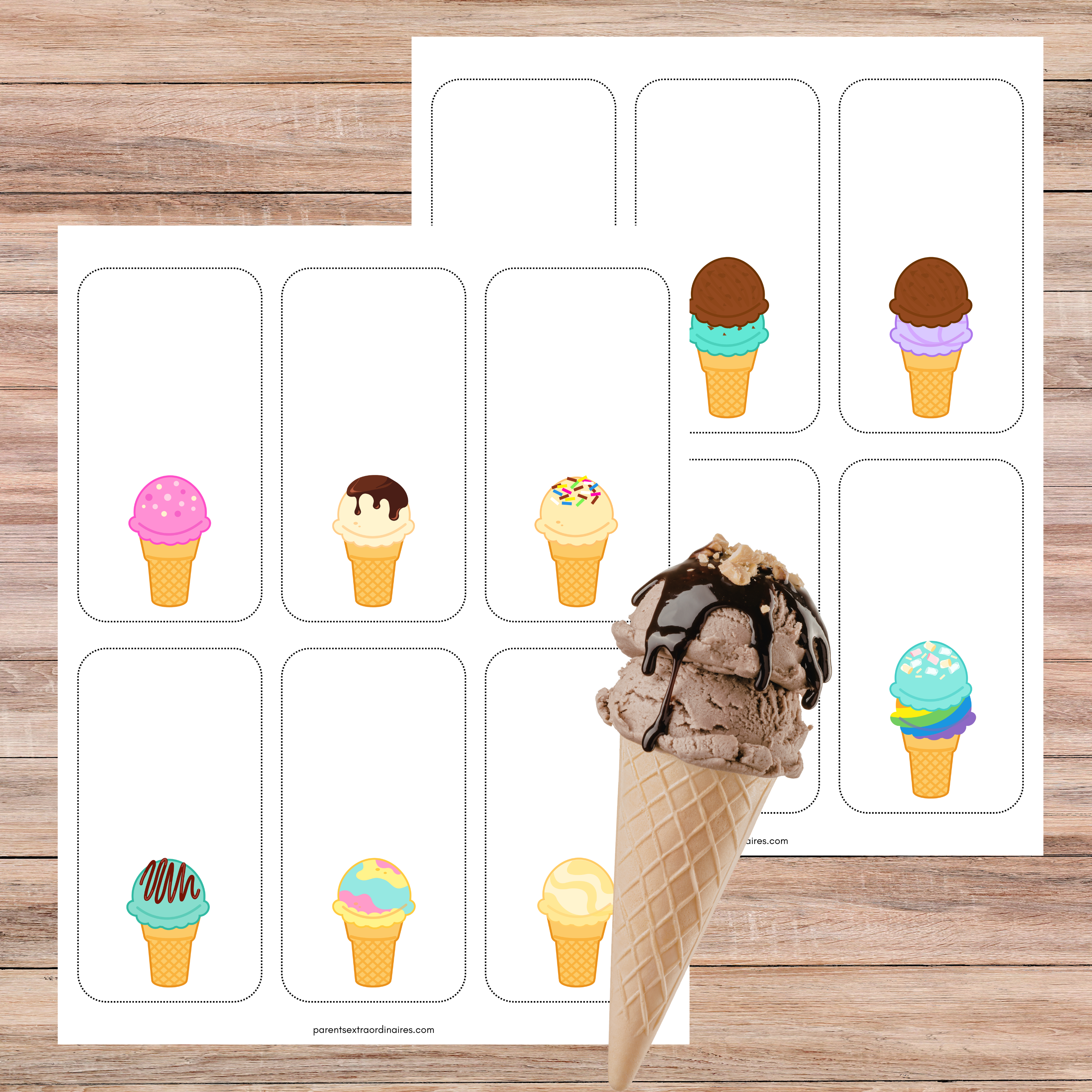 Jeu éducatif de crème glacée où l’enfant reproduit des séquences de couleurs sur des cornets.