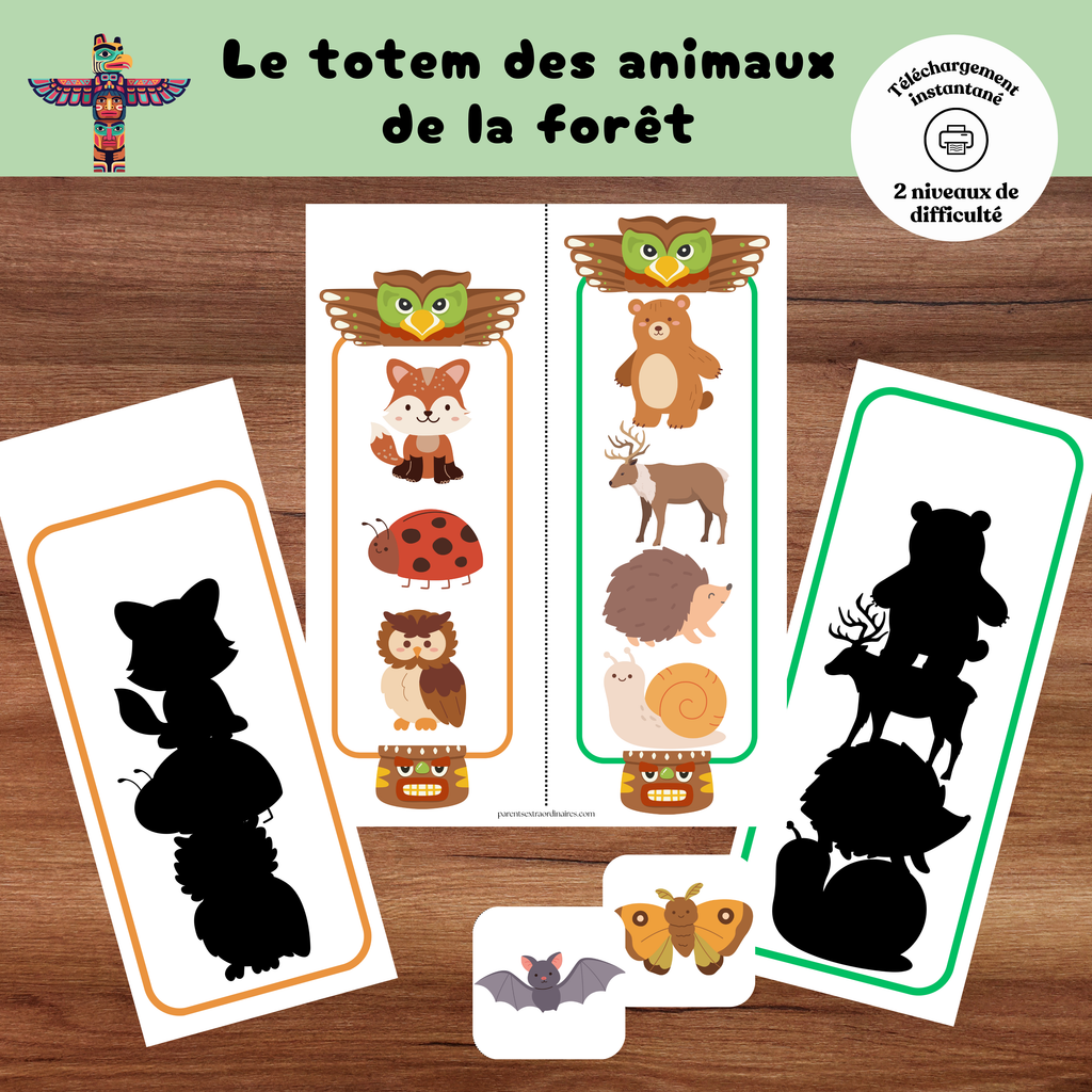Activité éducative totem des animaux de la forêt à imprimer pour enfants d'âge préscolaire.