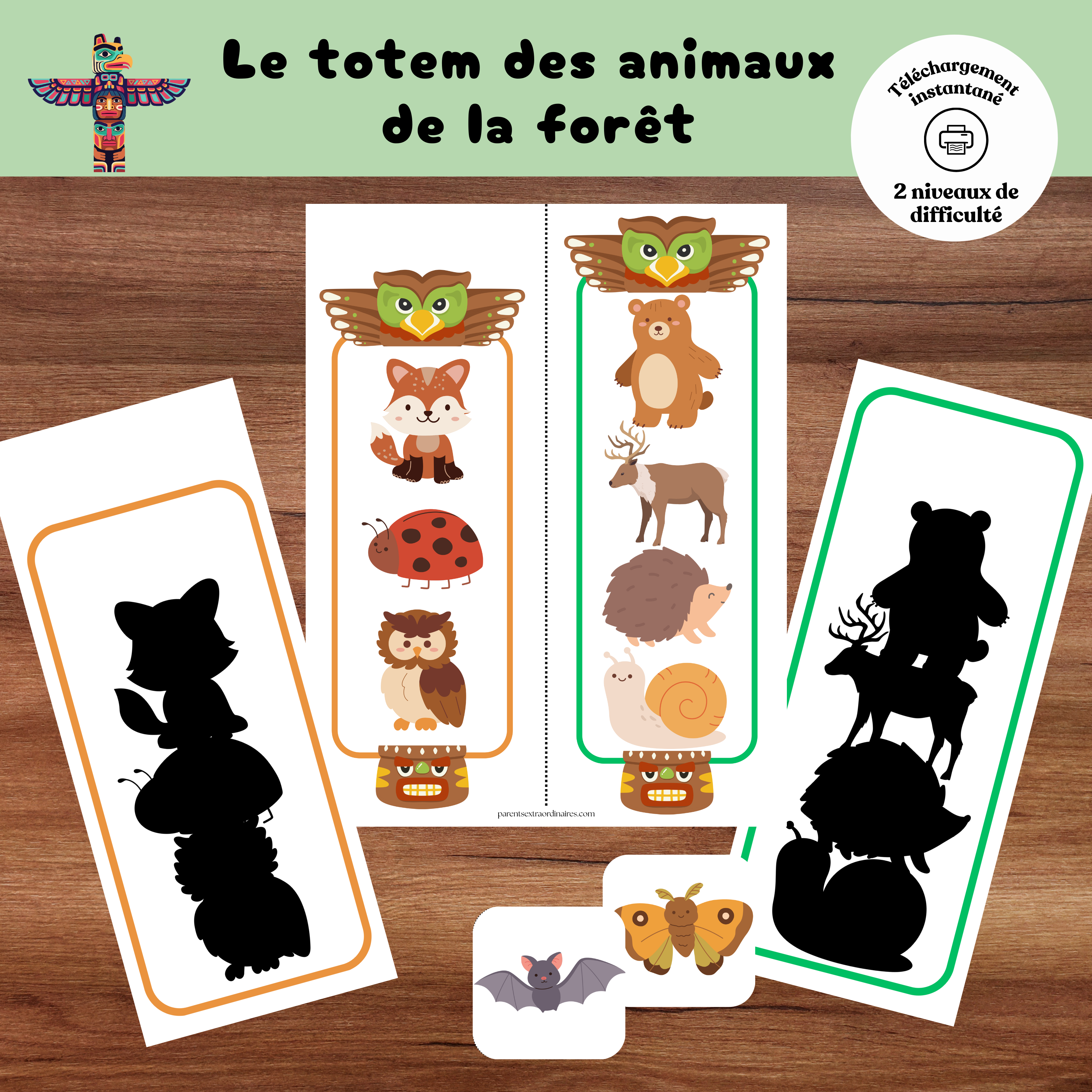 Activité éducative totem des animaux de la forêt à imprimer pour enfants d'âge préscolaire.