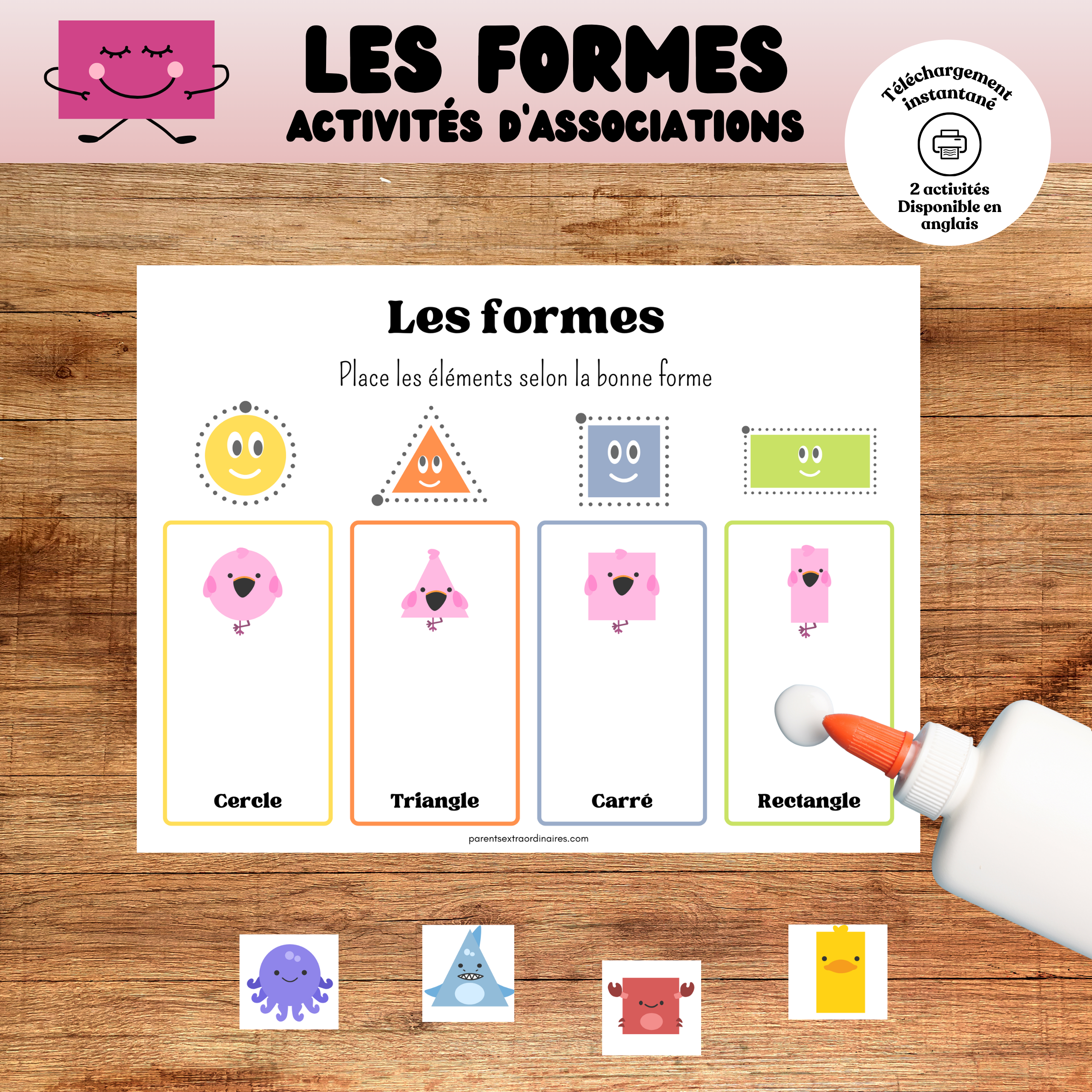Activités d'association des formes à imprimer pour enfants d'âge préscolaire permettant d'apprendre à reconnaître les formes géométriques tout en développant l'observation, la logique et la motricité fine.