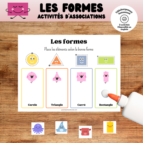 Activités d'association des formes à imprimer pour enfants d'âge préscolaire permettant d'apprendre à reconnaître les formes géométriques tout en développant l'observation, la logique et la motricité fine.