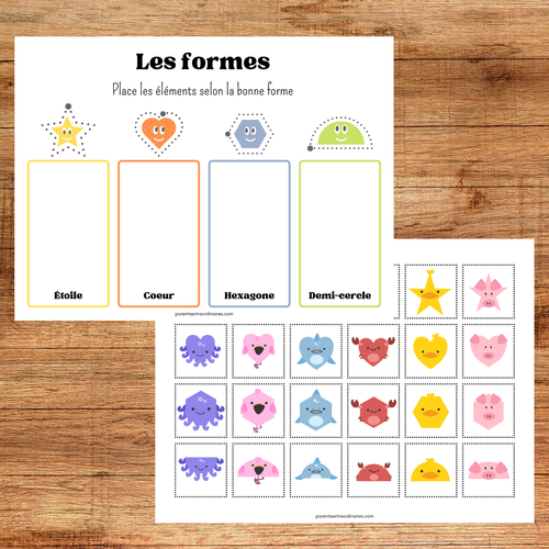 Activités d'association des formes à imprimer pour enfants d'âge préscolaire permettant d'apprendre à reconnaître les formes géométriques tout en développant l'observation, la logique et la motricité fine.