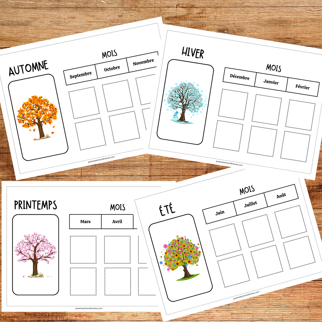 Activités d'association des saisons à imprimer pour aider les enfants à reconnaître les caractéristiques du printemps, de l'été, de l'automne et de l'hiver grâce à des jeux éducatifs.