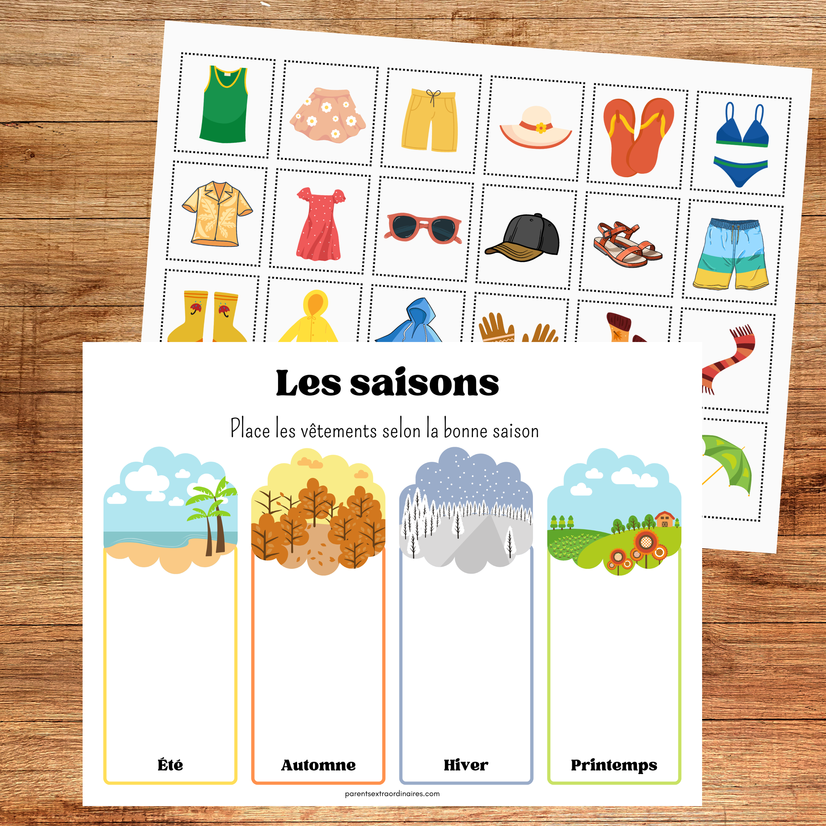Activités d'association des saisons à imprimer pour aider les enfants à reconnaître les caractéristiques du printemps, de l'été, de l'automne et de l'hiver grâce à des jeux éducatifs.