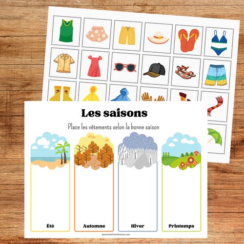 Activités d'association des saisons à imprimer pour aider les enfants à reconnaître les caractéristiques du printemps, de l'été, de l'automne et de l'hiver grâce à des jeux éducatifs.