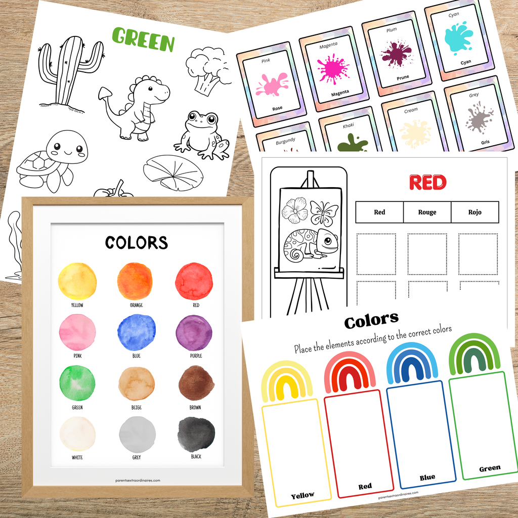 Ensemble d’activités éducatives sur les couleurs comprenant affiches, cartes de nomenclature, exercices d’association et coloriages pour enfants d’âge préscolaire.