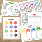 Ensemble d’activités éducatives sur les couleurs comprenant affiches, cartes de nomenclature, exercices d’association et coloriages pour enfants d’âge préscolaire.