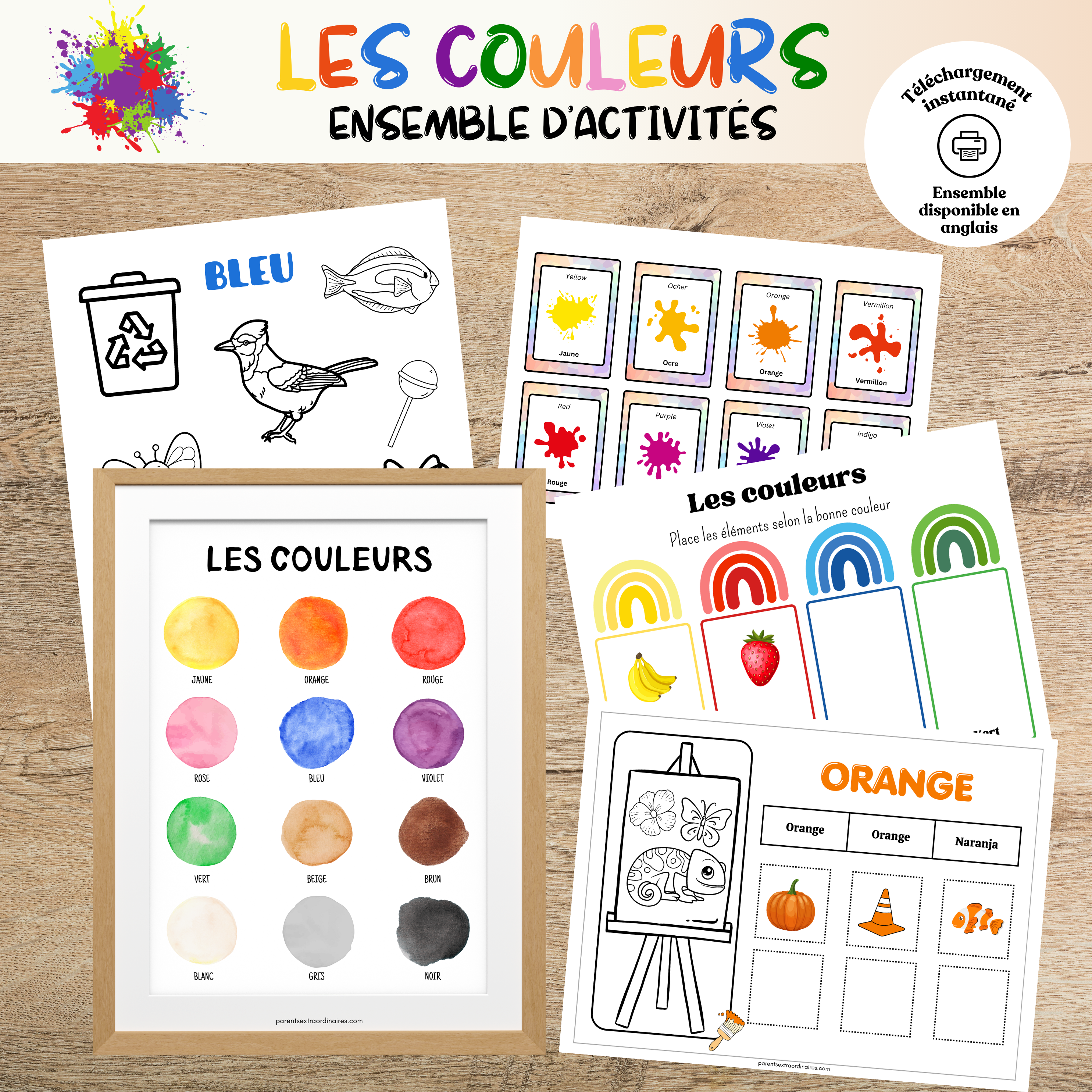 Ensemble d’activités éducatives sur les couleurs comprenant des affiches, des cartes de nomenclature, des exercices d’association et des coloriages. Une ressource imprimable conçue pour aider les enfants à reconnaître, nommer et apprendre les couleurs tout en développant leur motricité fine et leur vocabulaire.