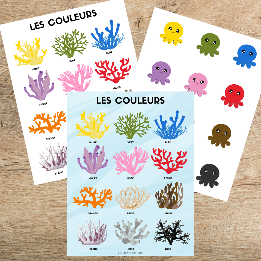 Jeu éducatif sur les couleurs permettant aux enfants d’âge préscolaire de découvrir et d’identifier les couleurs grâce à des activités variées, des affiches illustrées, des cartes de vocabulaire, des exercices de manipulation et des coloriages amusants.
