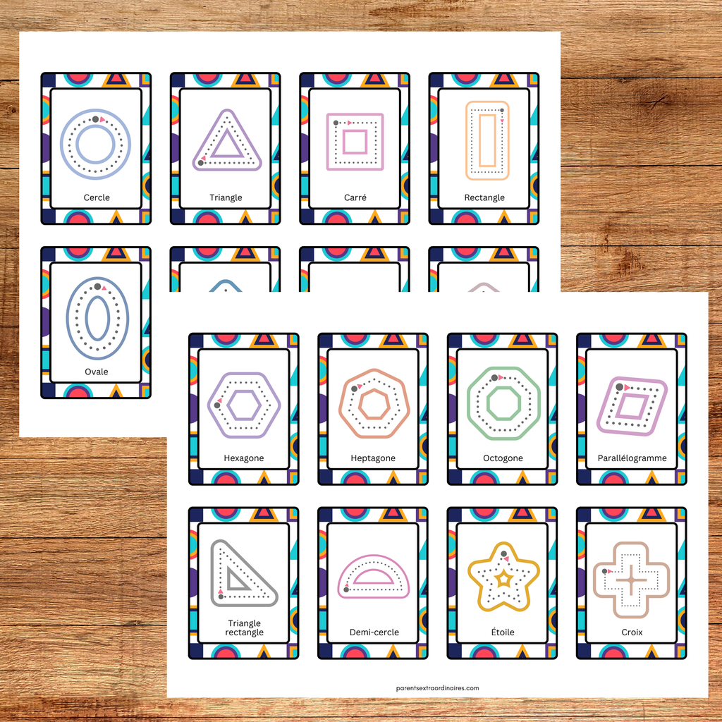 Cartes de nomenclature avec traçage permettant aux enfants d’apprendre les formes géométriques 2D et 3D tout en pratiquant leurs habiletés de préécriture.