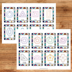 Cartes de nomenclature avec traçage permettant aux enfants d’apprendre les formes géométriques 2D et 3D tout en pratiquant leurs habiletés de préécriture.