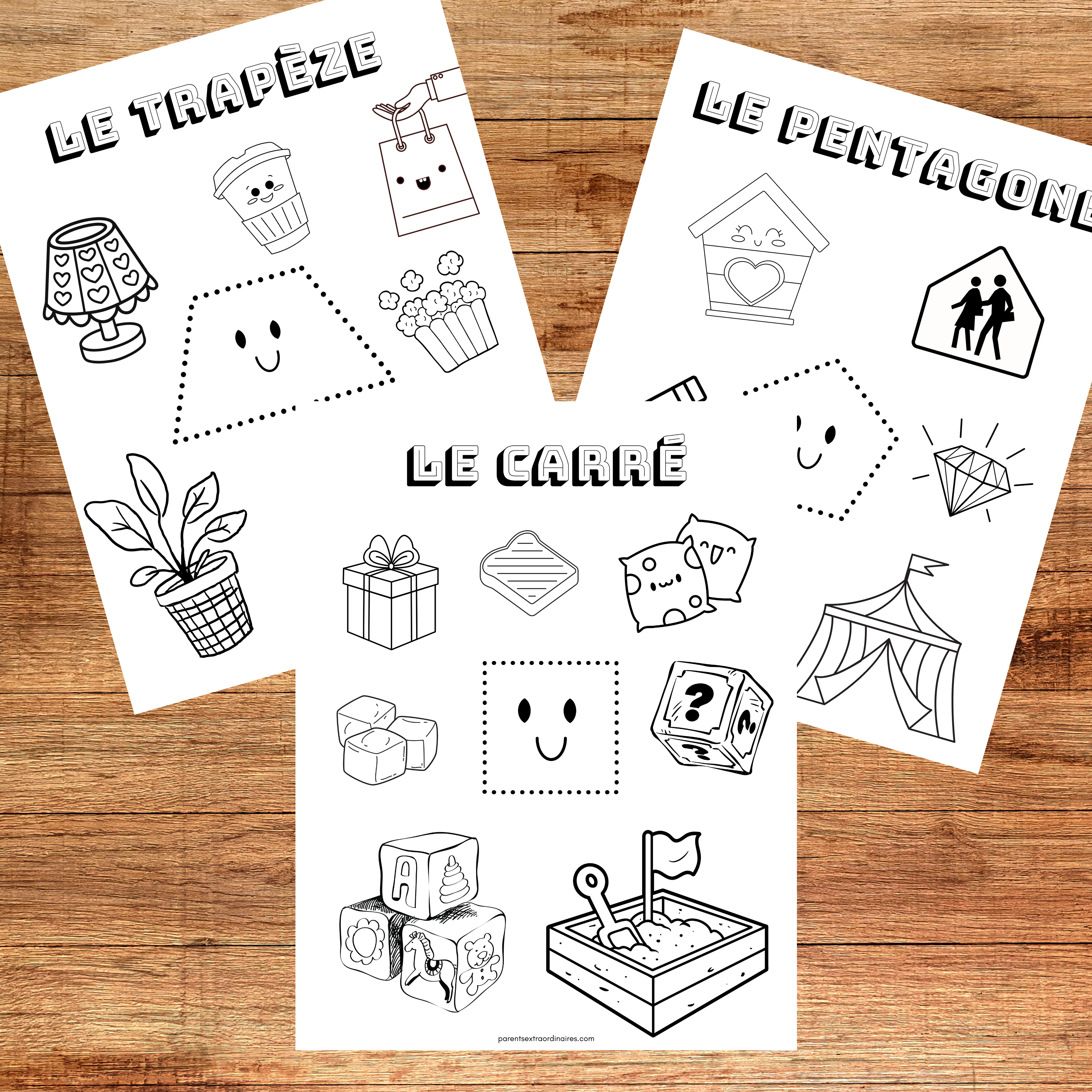 Fiches de coloriage éducatives sur les formes géométriques permettant de renforcer la reconnaissance des formes tout en développant la motricité fine.