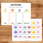 Ensemble d’activités éducatives sur les formes géométriques 2D et 3D comprenant affiches, cartes de nomenclature, exercices d’association et coloriages pour enfants d’âge préscolaire.