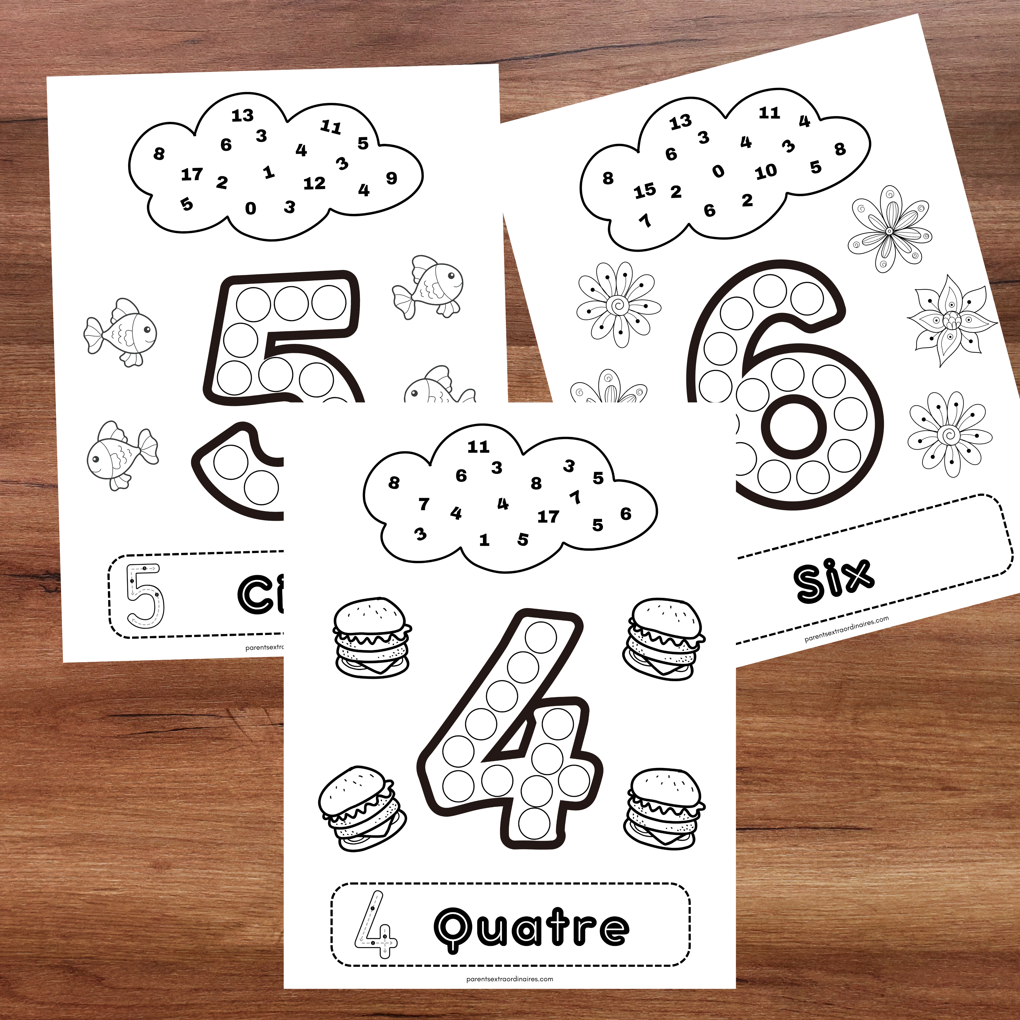 Activités de dénombrement avec points à aidant les enfants à associer les quantités aux nombres correspondants.