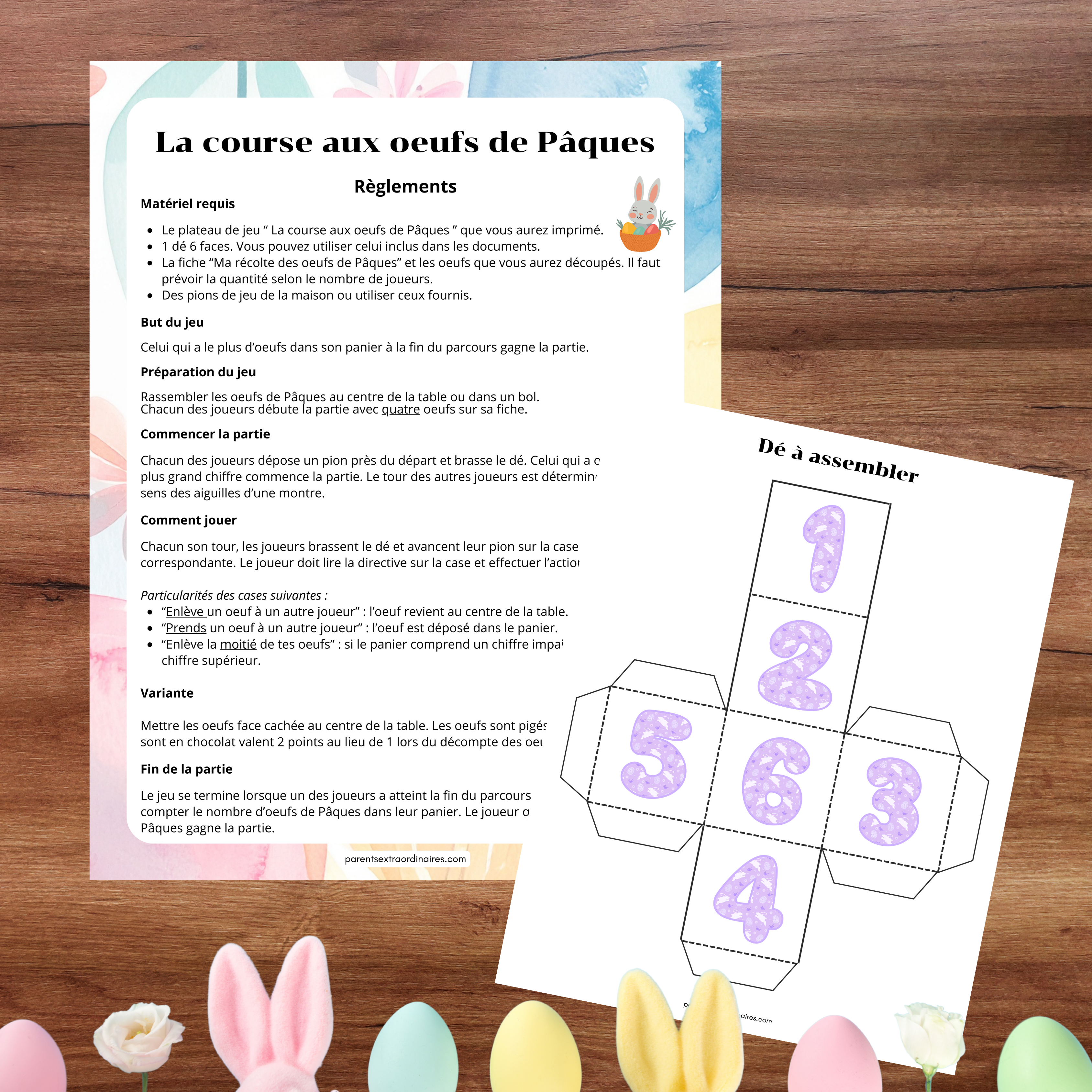 Jeu de parcours de Pâques où les enfants accumulent des œufs tout en avançant sur le plateau.
