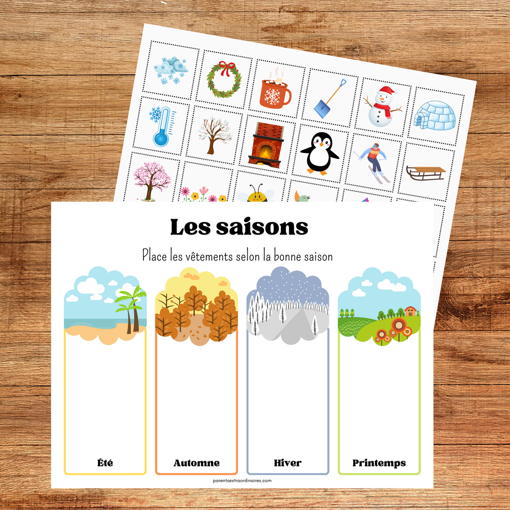 Activités sur les saisons à imprimer pour le préscolaire et la maternelle. Comprend des roues des saisons, cartes de nomenclature, activités d’association, coloriages et jeux d’habillement pour découvrir les quatre saisons.
