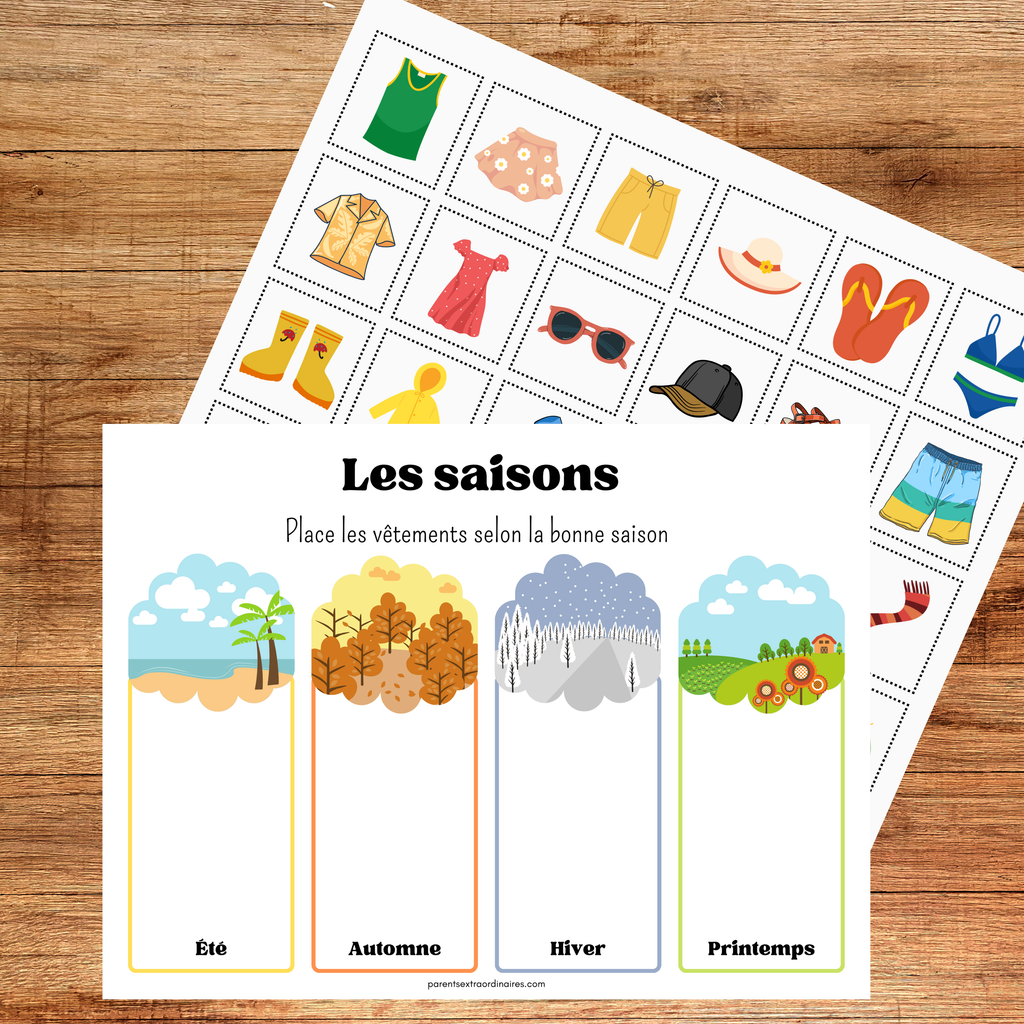 Activité de classement où les enfants associent des images aux bonnes saisons afin de développer leur observation et leur compréhension des changements saisonniers.