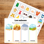 Activité de classement où les enfants associent des images aux bonnes saisons afin de développer leur observation et leur compréhension des changements saisonniers.