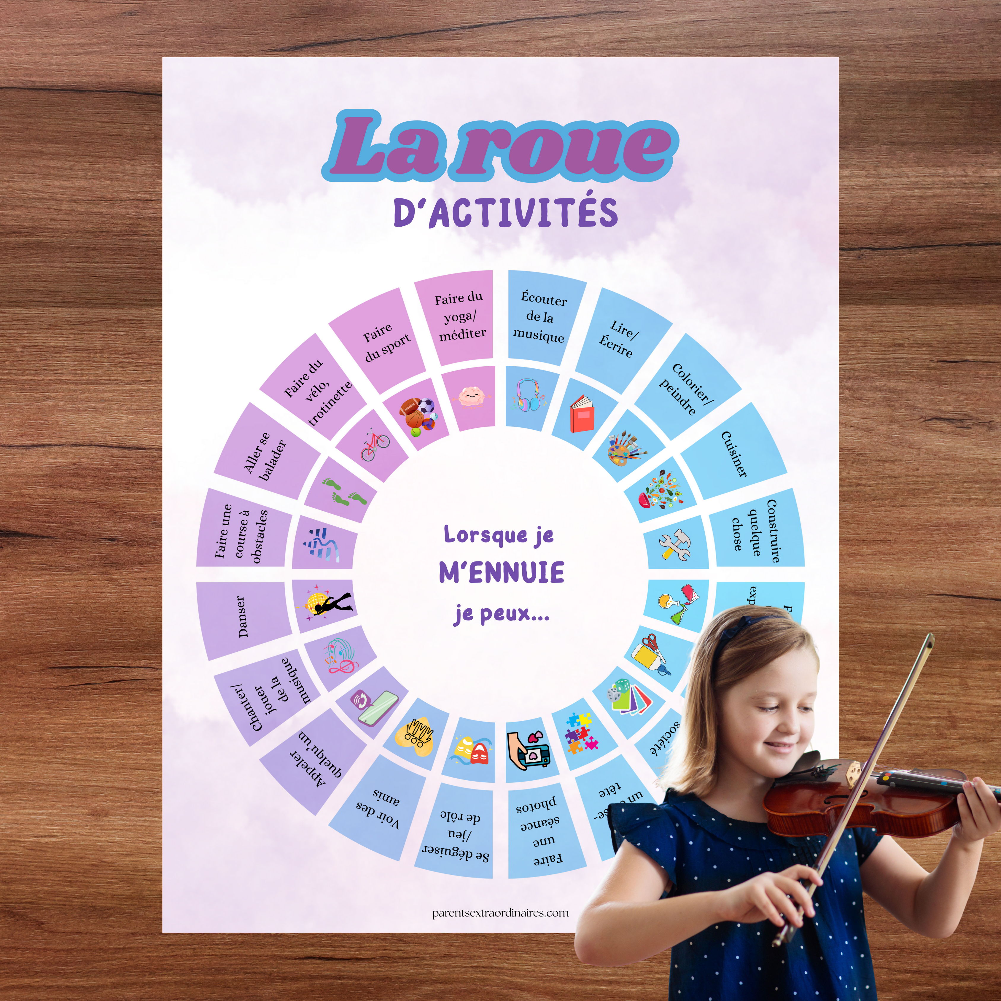 Roue d’activités pause d’écran à imprimer pour aider les enfants à trouver des idées amusantes sans écran. Une ressource ludique qui favorise l’autonomie, la créativité, le mouvement et le jeu actif au quotidien.