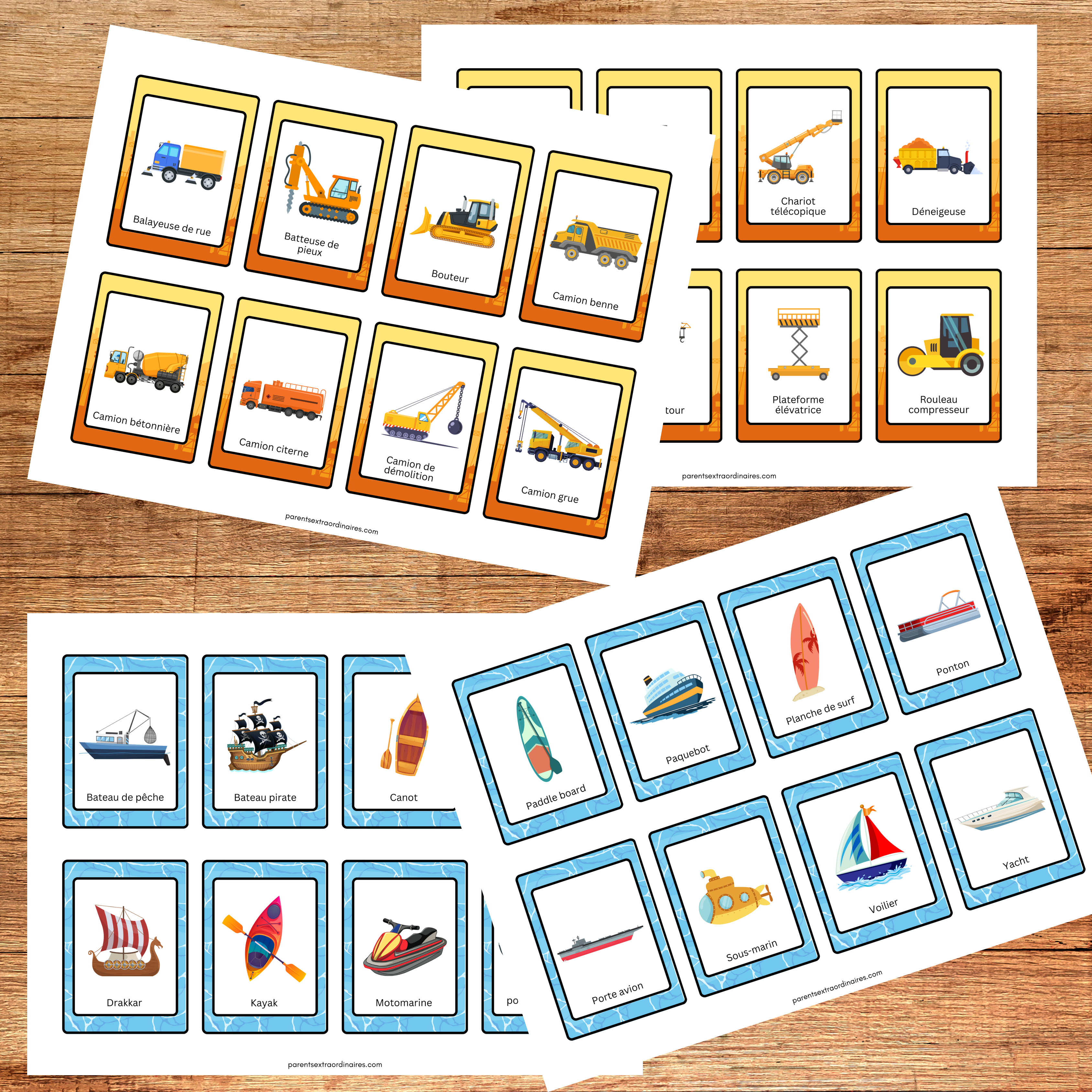 Cartes de nomenclature sur les moyens de transport permettant aux enfants d’apprendre le nom des véhicules et d’enrichir leur vocabulaire.