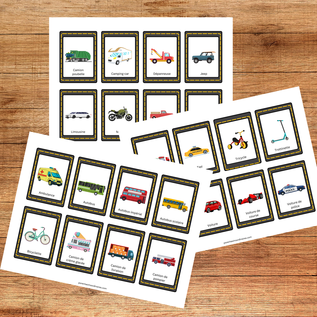 Cartes de nomenclature sur les moyens de transport permettant aux enfants d’apprendre le nom des véhicules et d’enrichir leur vocabulaire.