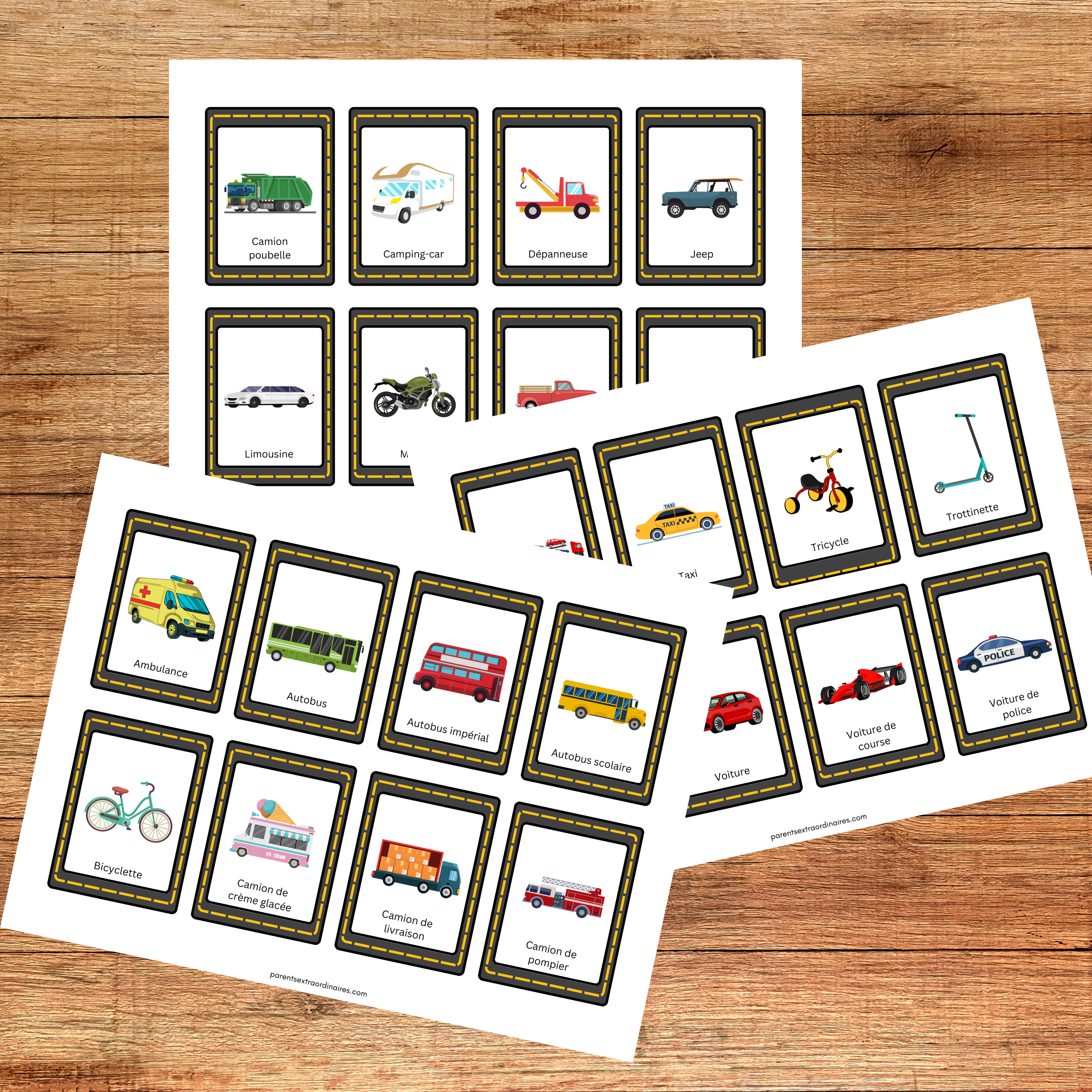 Cartes de nomenclature sur les moyens de transport permettant aux enfants d’apprendre le nom des véhicules et d’enrichir leur vocabulaire.