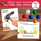 Affiche fête des Pères avec empreintes de mains en forme d'outils réalisée par un enfant.