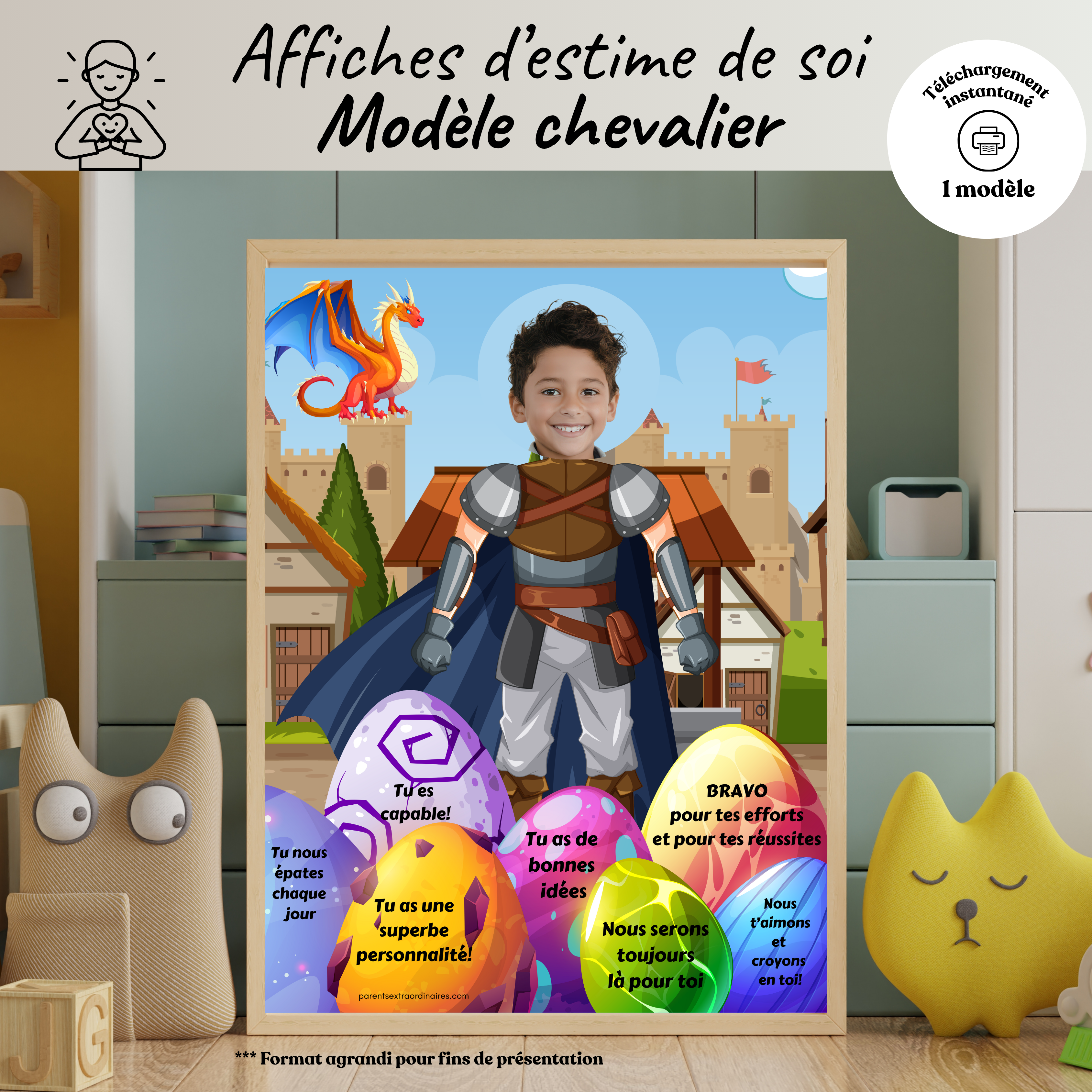 Affiche gratuite d'estime de soi thème chevalier à imprimer avec photo de l'enfant et mots doux.