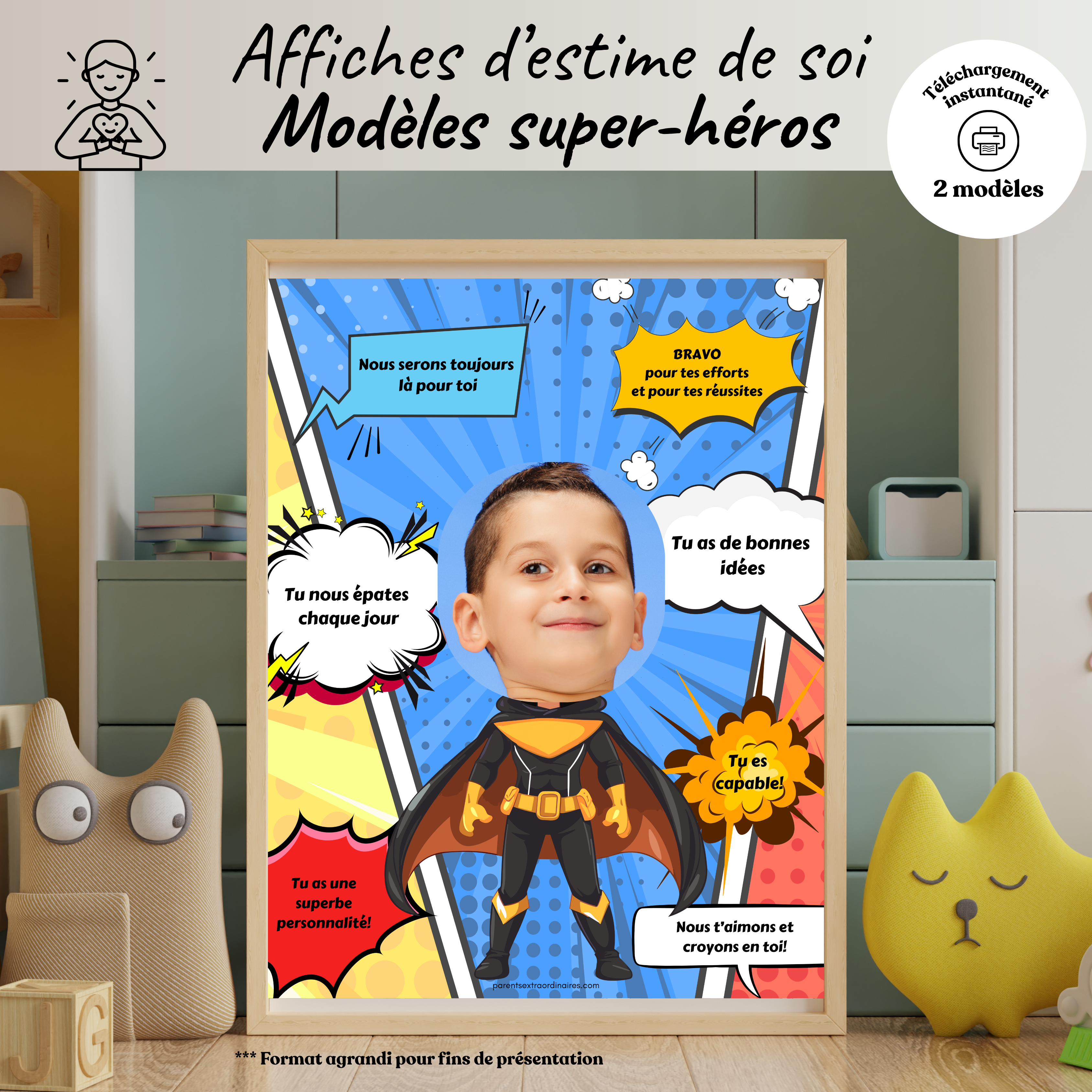 Affiche gratuite d'estime de soi thème super héros et super héroïne à imprimer avec photo de l'enfant et mots doux.