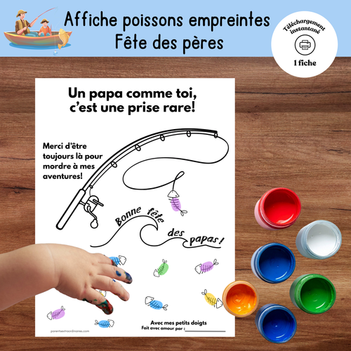 Affiche fête des Pères avec poissons à compléter avec empreintes de doigts d’enfants.