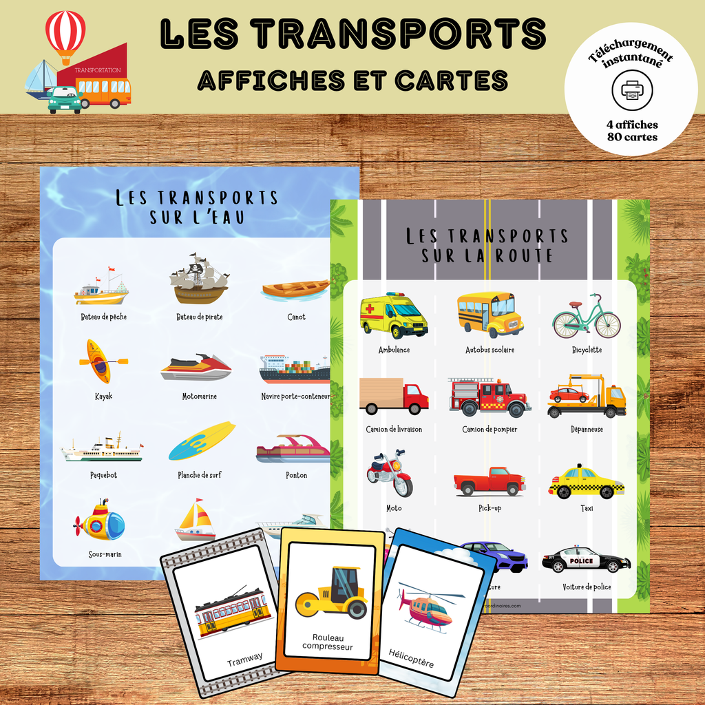 Ensemble d'affiches illustrées et de cartes de nomenclature sur les moyens de transport comprenant voiture, autobus, train, avion, bateau, vélo et autres véhicules. Ressource éducative imprimable pour le préscolaire.