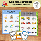 Ensemble d'affiches illustrées et de cartes de nomenclature sur les moyens de transport comprenant voiture, autobus, train, avion, bateau, vélo et autres véhicules. Ressource éducative imprimable pour le préscolaire.